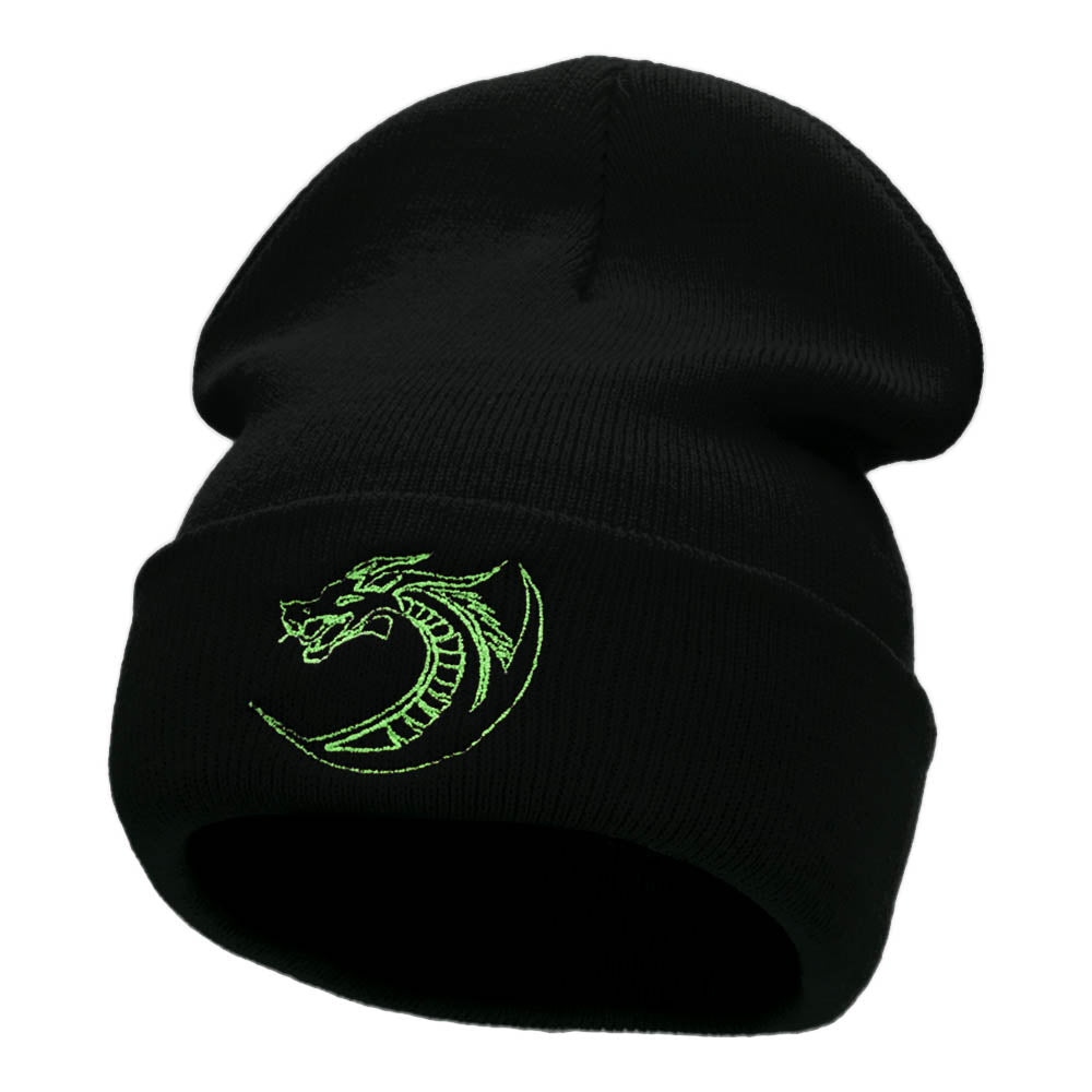 Dragon Outline Embroidered 12 Inch Long Knitted Beanie - Black OSFM