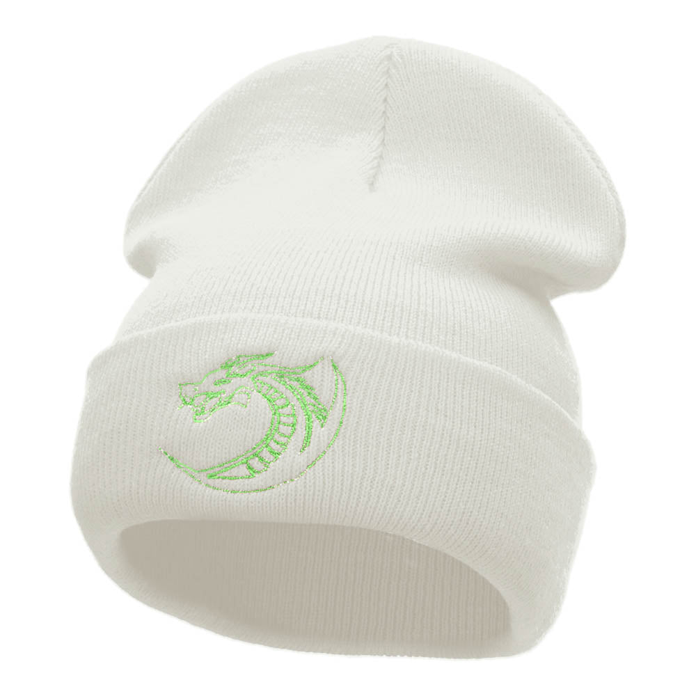 Dragon Outline Embroidered 12 Inch Long Knitted Beanie - White OSFM