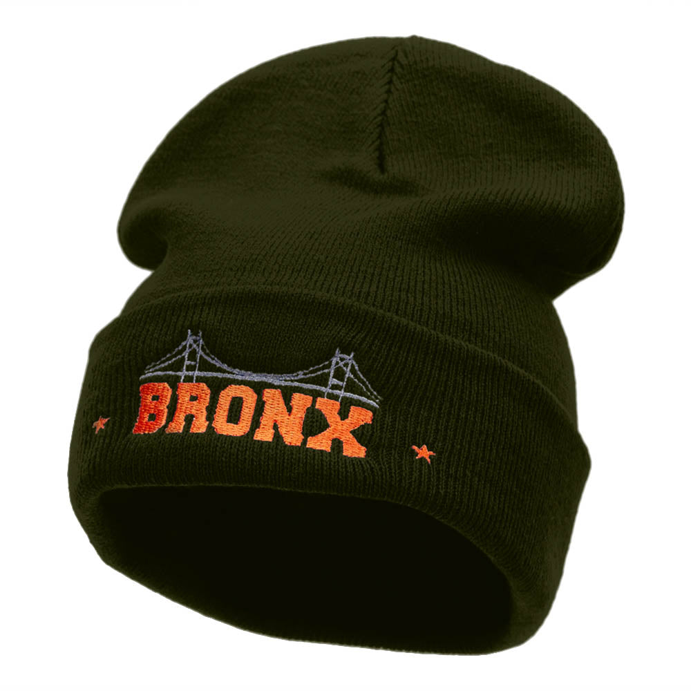 The Bronx Embroidered 12 Inch Long Knitted Beanie - Olive OSFM