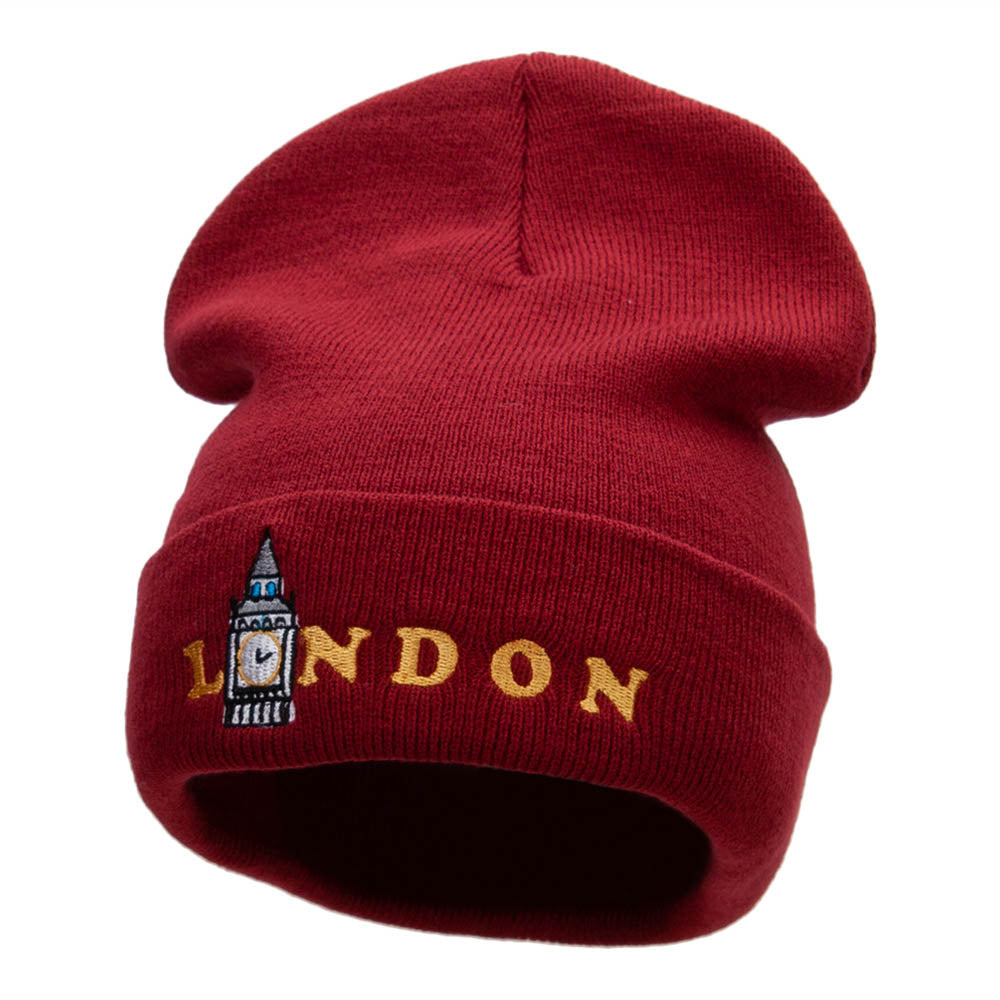 London Big Ben Embroidered 12 Inch Long Knitted Beanie - Maroon OSFM