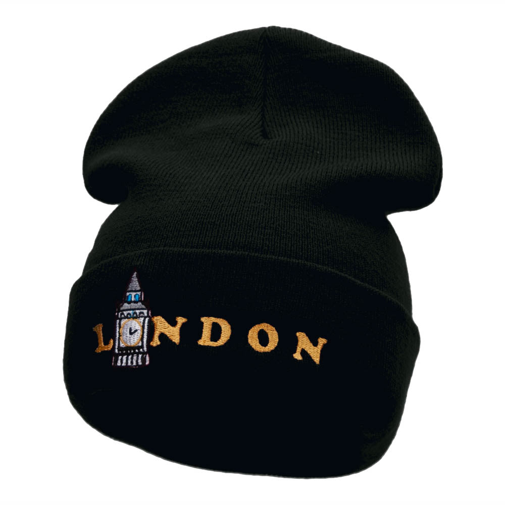 London Big Ben Embroidered 12 Inch Long Knitted Beanie - Black OSFM