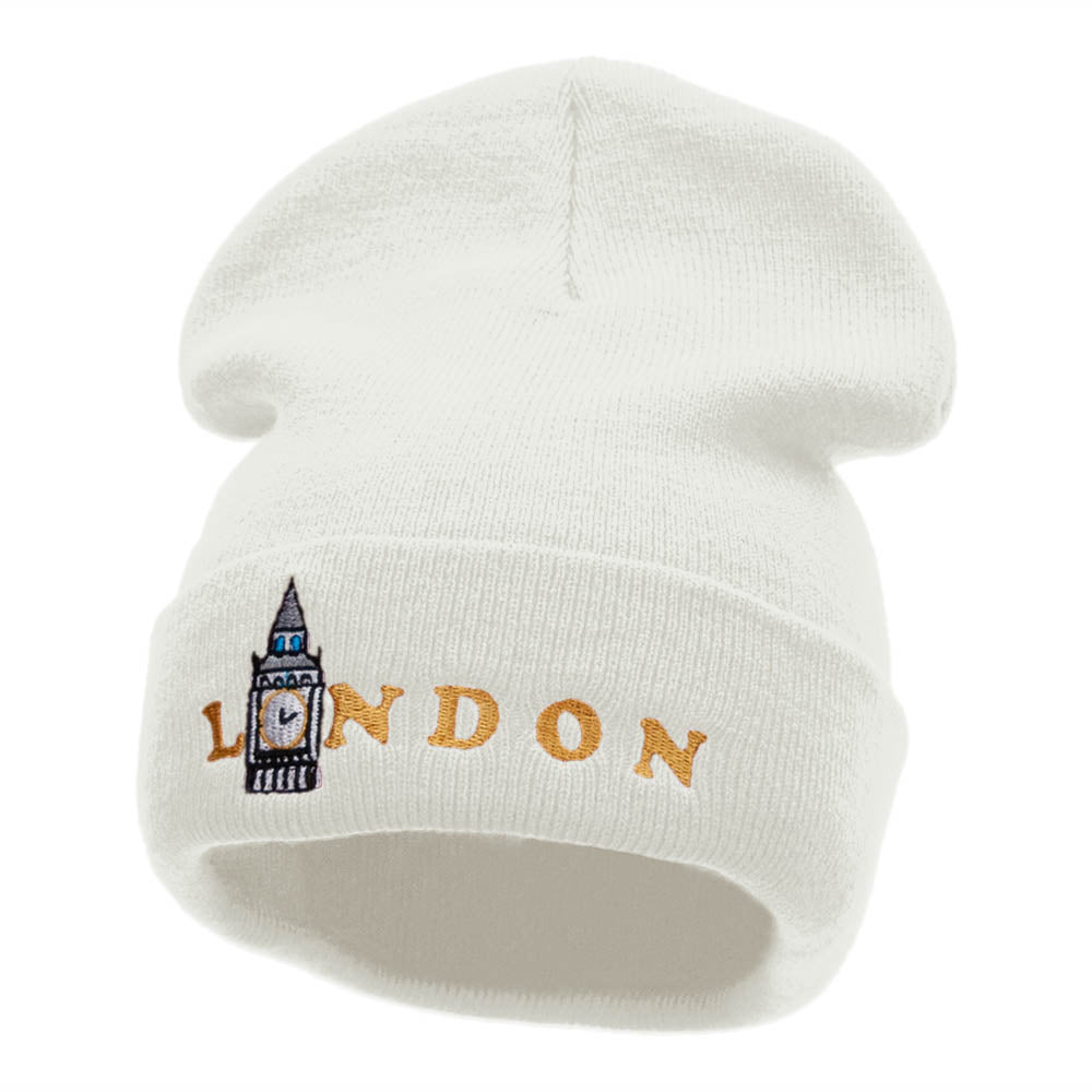 London Big Ben Embroidered 12 Inch Long Knitted Beanie - White OSFM