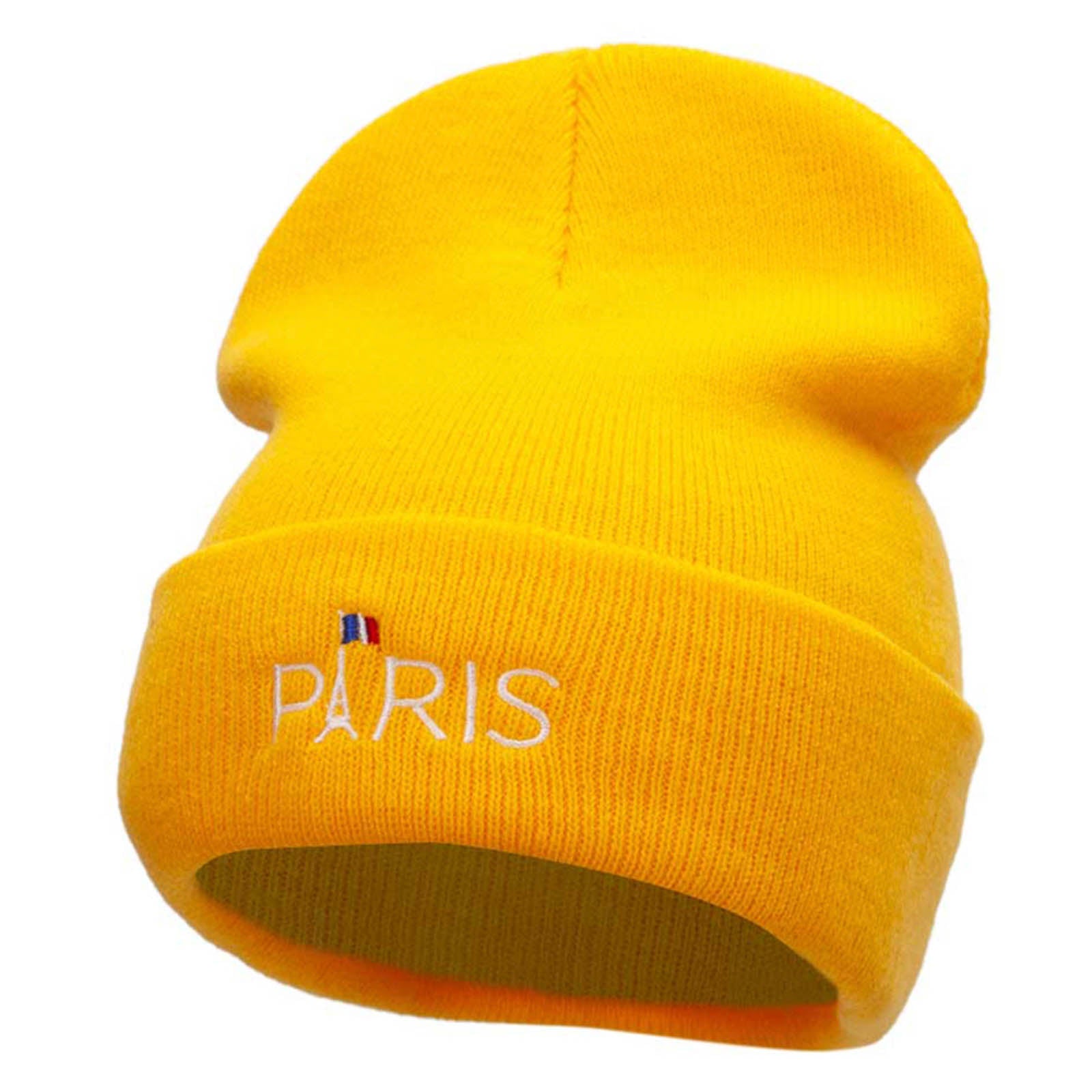 Eiffle Tower Paris Embroidered 12 Inch Long Knitted Beanie - Yellow OSFM