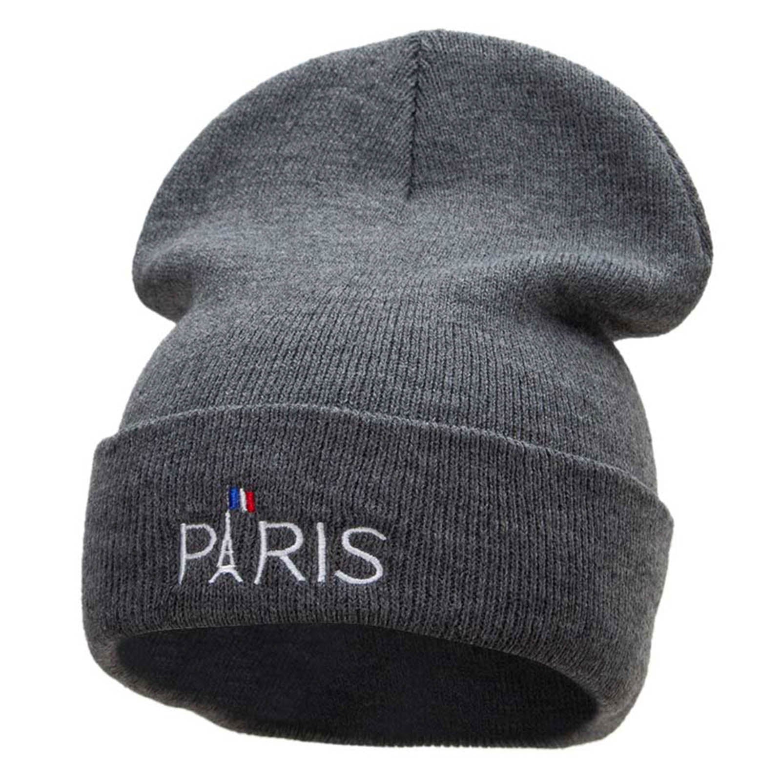 Eiffle Tower Paris Embroidered 12 Inch Long Knitted Beanie - Dk Grey OSFM