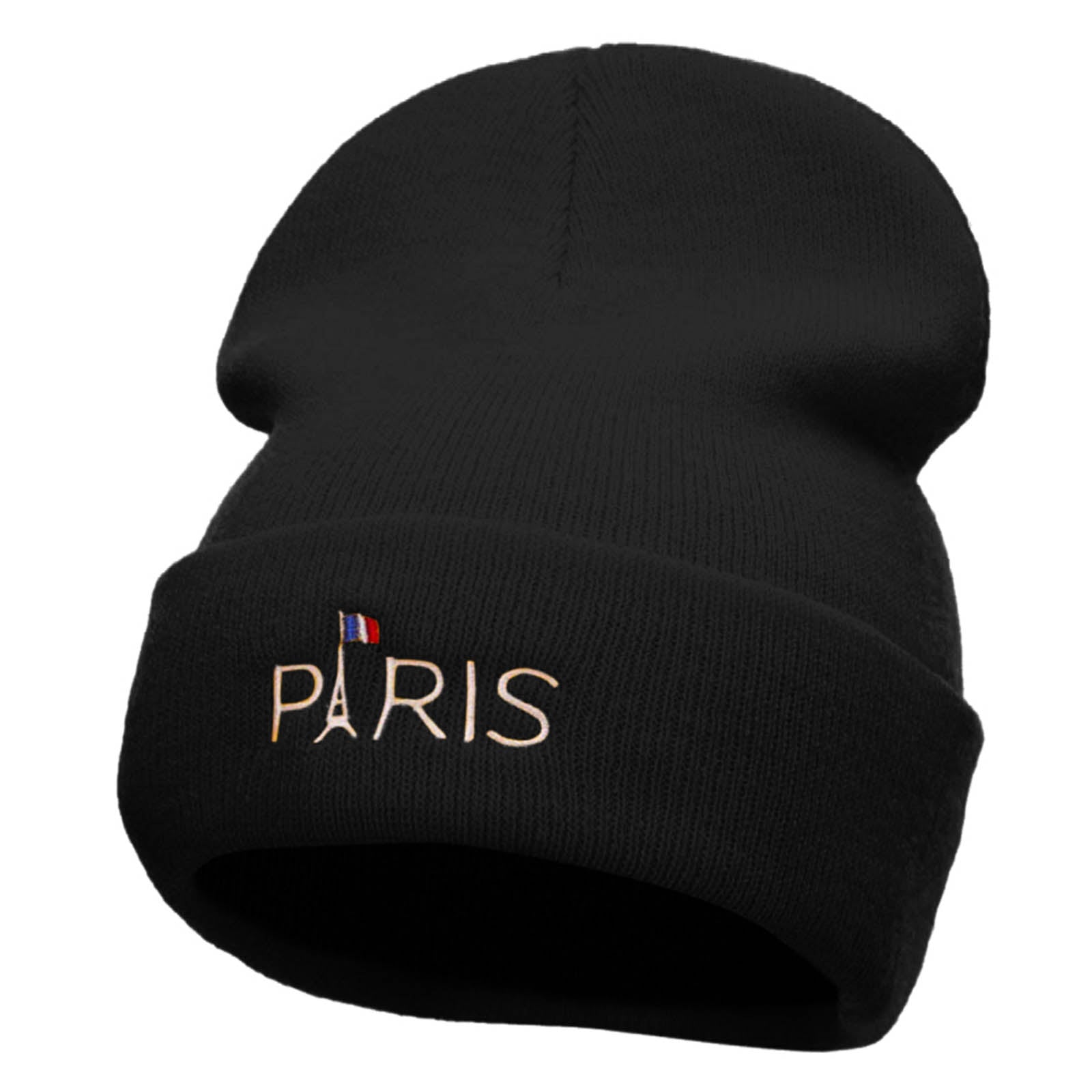 Eiffle Tower Paris Embroidered 12 Inch Long Knitted Beanie - Black OSFM