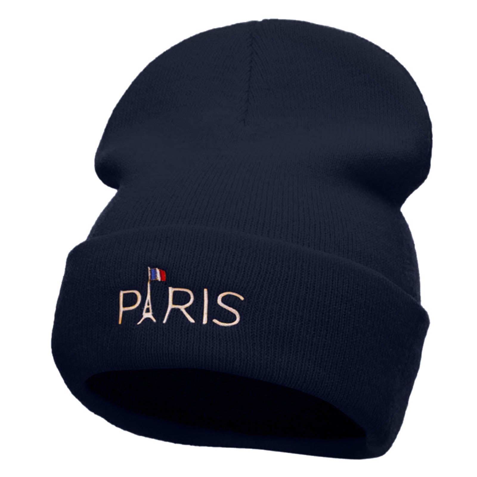 Eiffle Tower Paris Embroidered 12 Inch Long Knitted Beanie - Navy OSFM