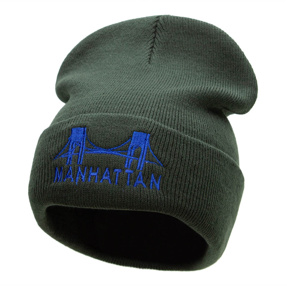 Manhattan Bridge Embroidered 12 Inch Knitted Long Beanie - Olive OSFM