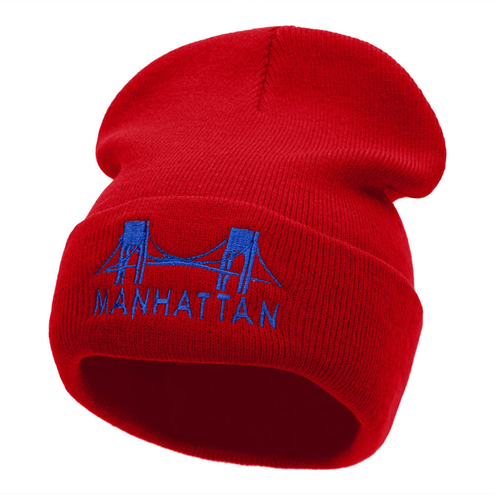 Manhattan Bridge Embroidered 12 Inch Knitted Long Beanie - Red OSFM