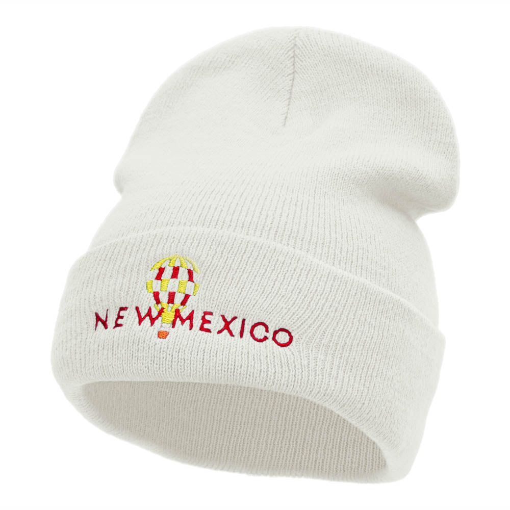 New Mexico Hot Air Balloon Embroidered 12 Inch Long Knitted Beanie - White OSFM