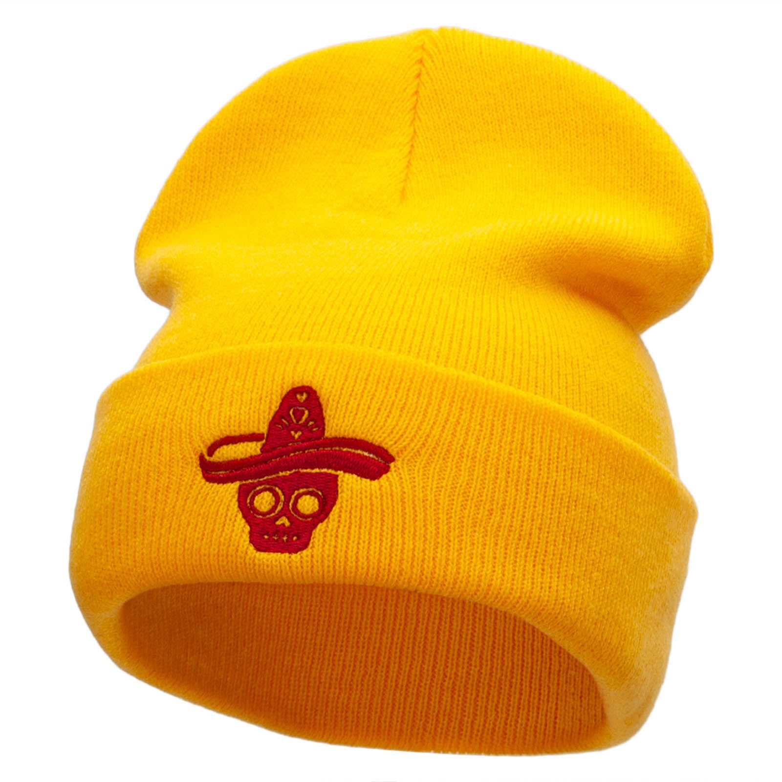 Suger Skull Sombrero Embroidered 12 Inch Long Knitted Beanie - Yellow OSFM