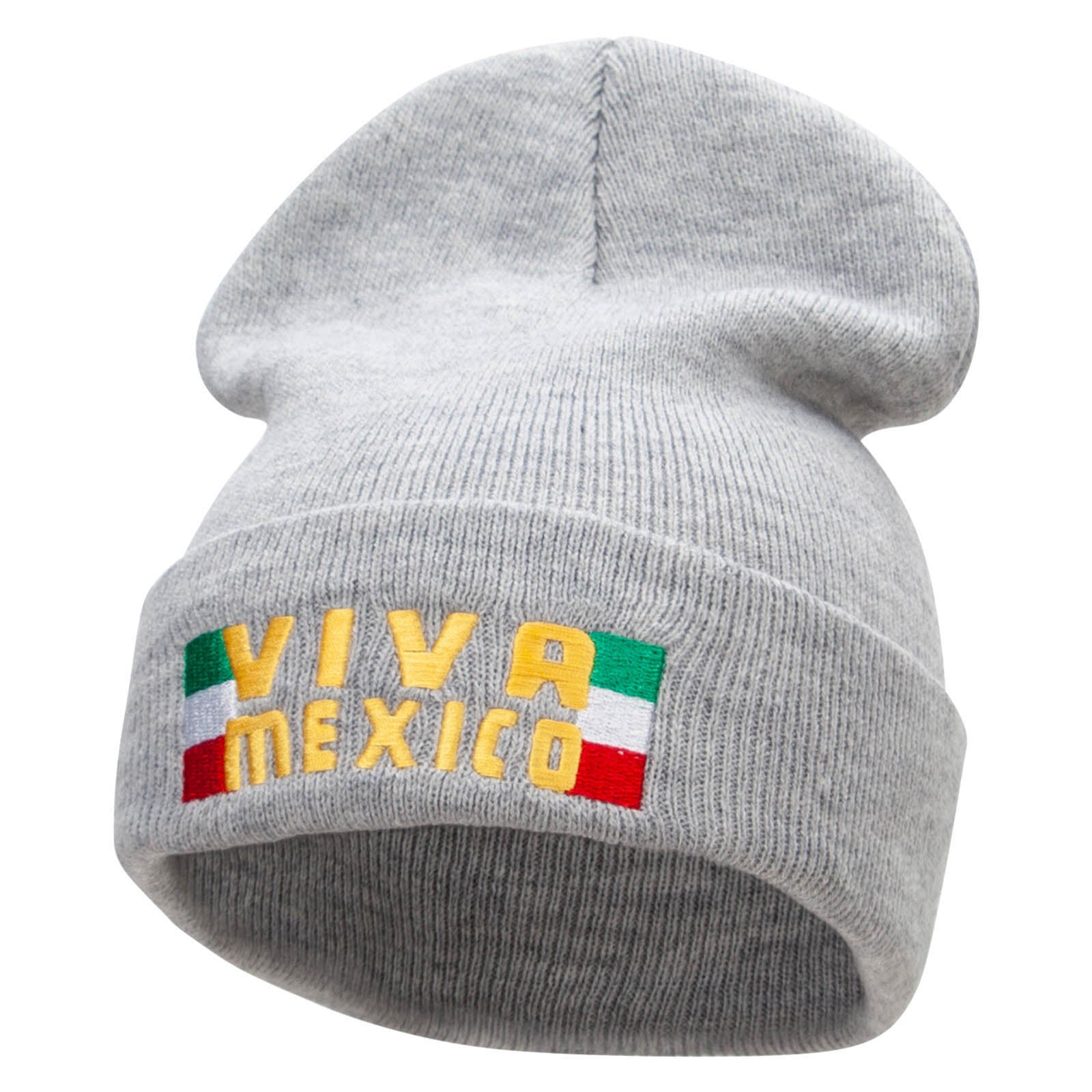 Viva Mexico Flag Embroidered 12 Inch Long Knitted Beanie - Heather Grey OSFM