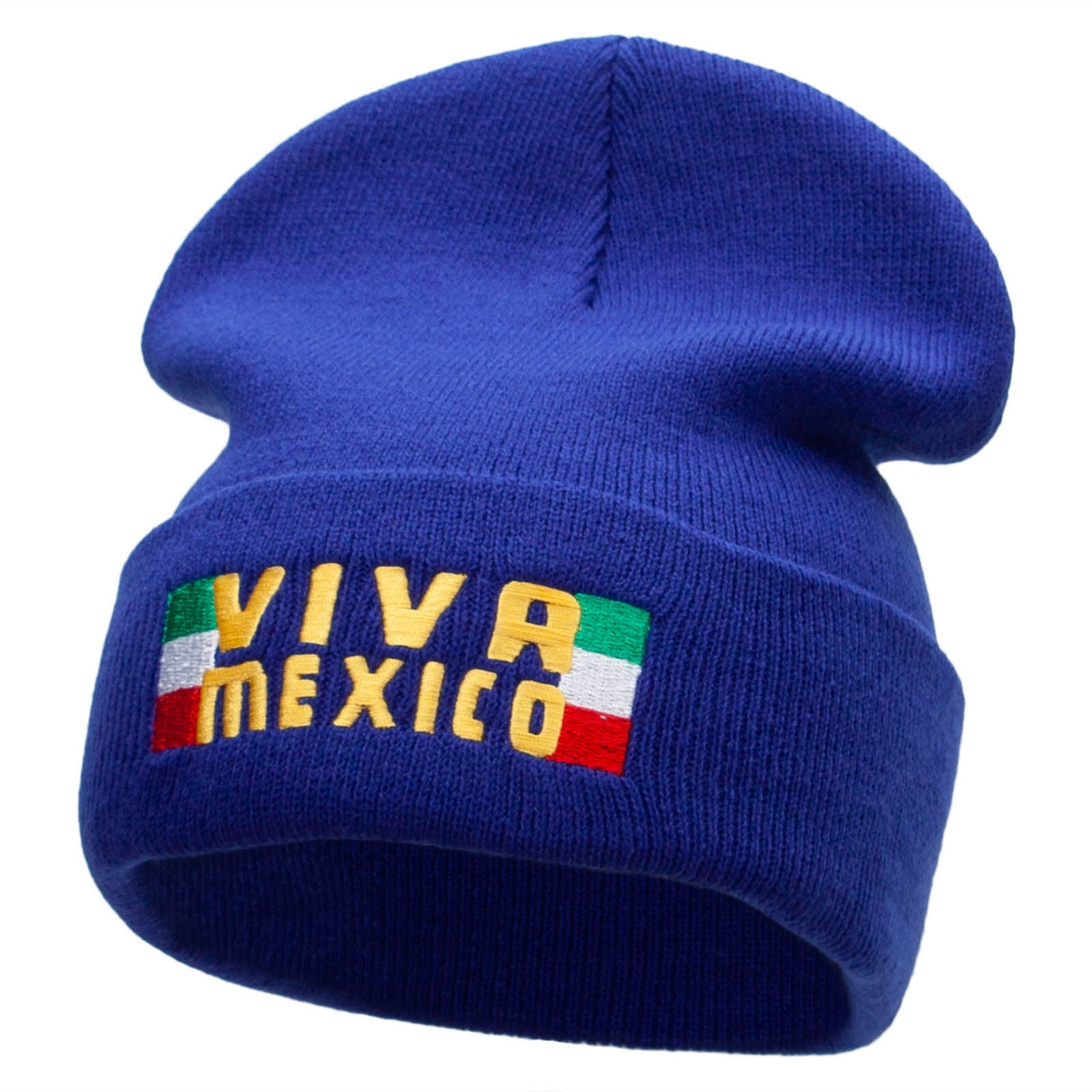 Viva Mexico Flag Embroidered 12 Inch Long Knitted Beanie - Royal OSFM