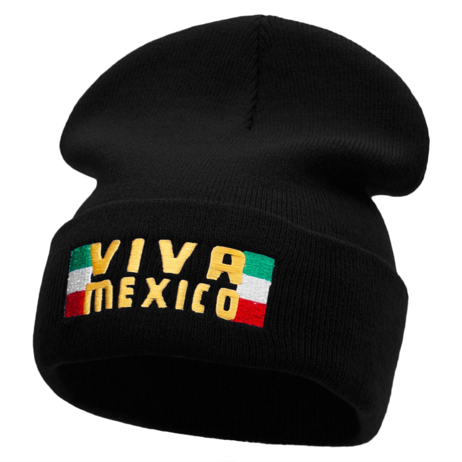Viva Mexico Flag Embroidered 12 Inch Long Knitted Beanie - Black OSFM