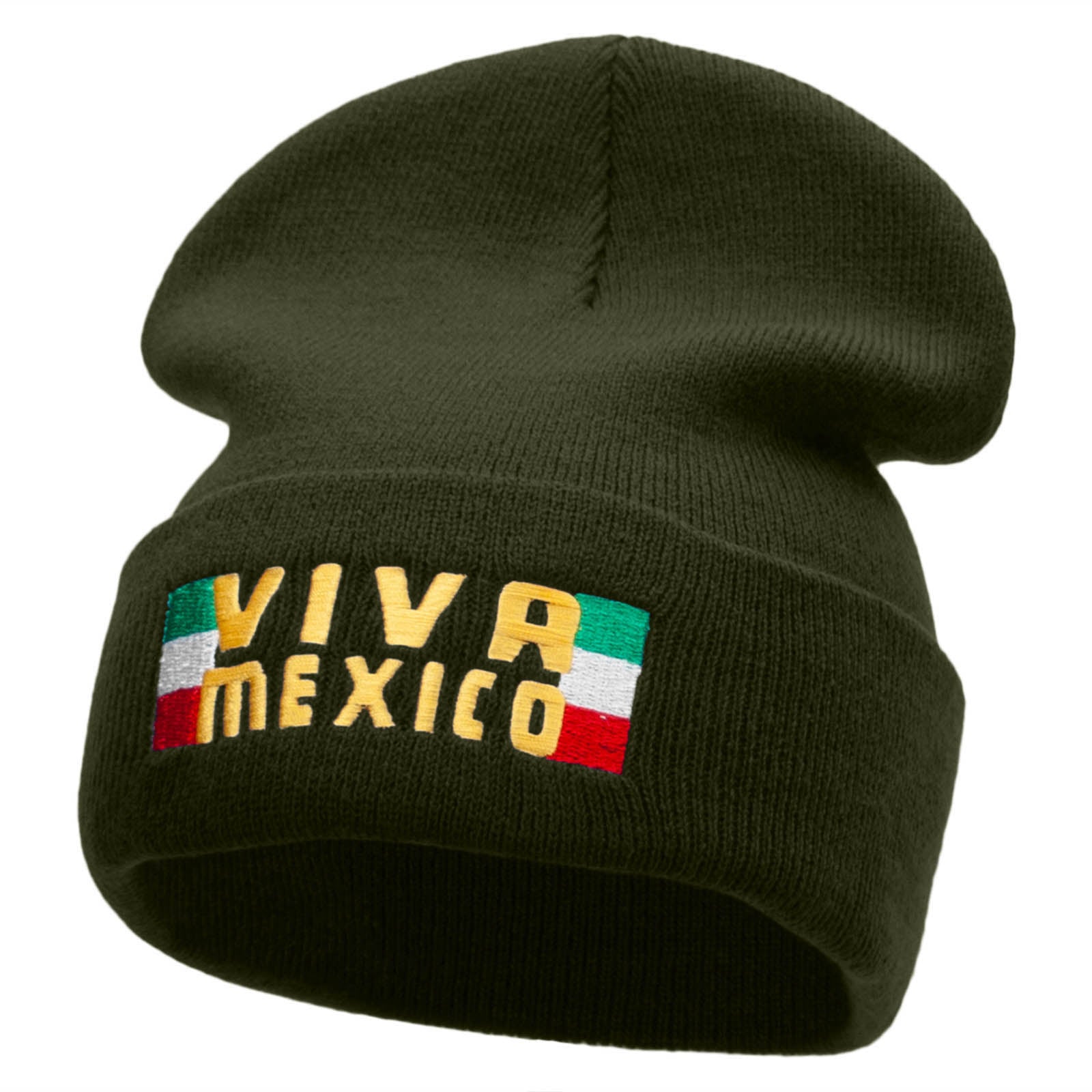 Viva Mexico Flag Embroidered 12 Inch Long Knitted Beanie - Olive OSFM