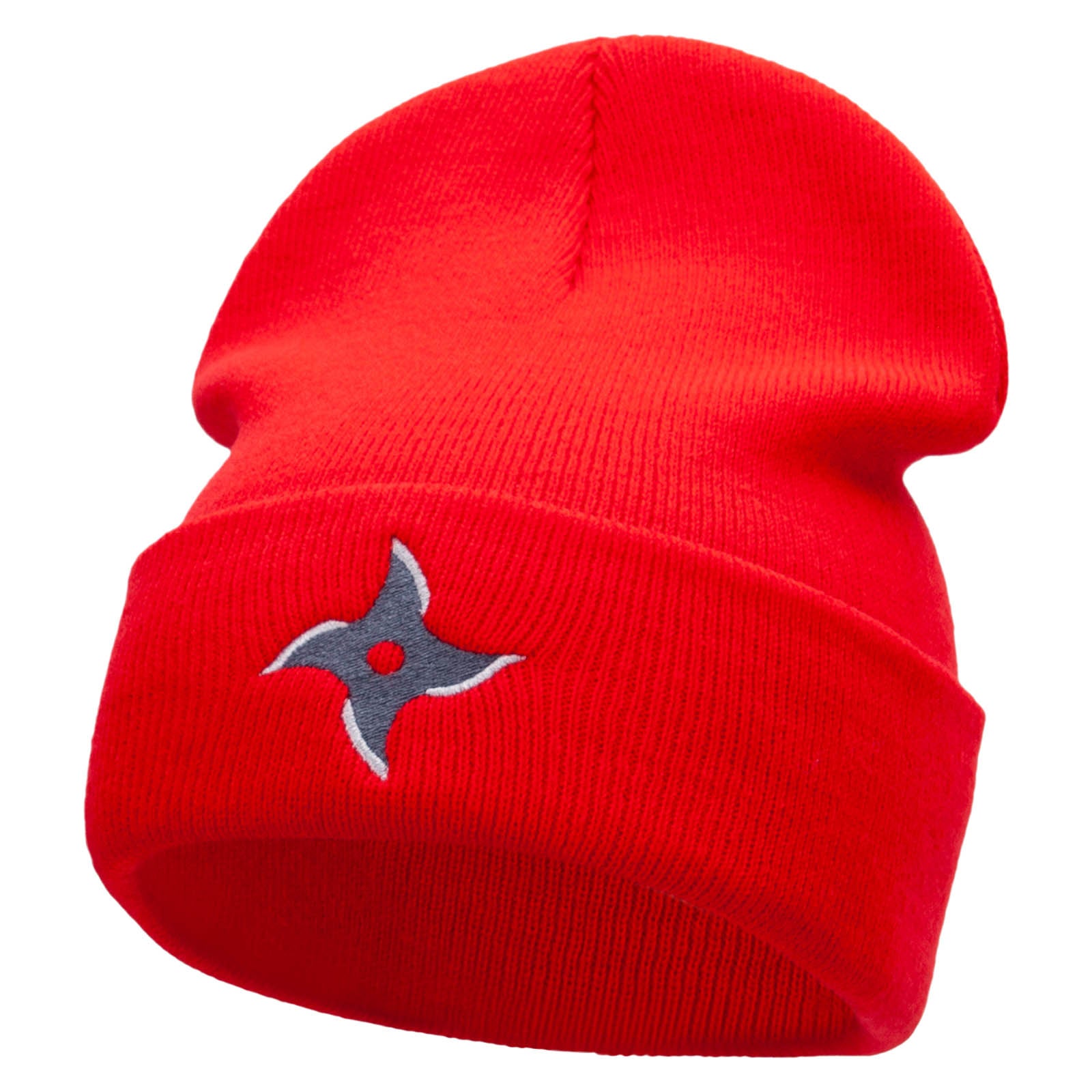 Ninja Star Embroidered 12 Inch Long Knitted Beanie - Red OSFM