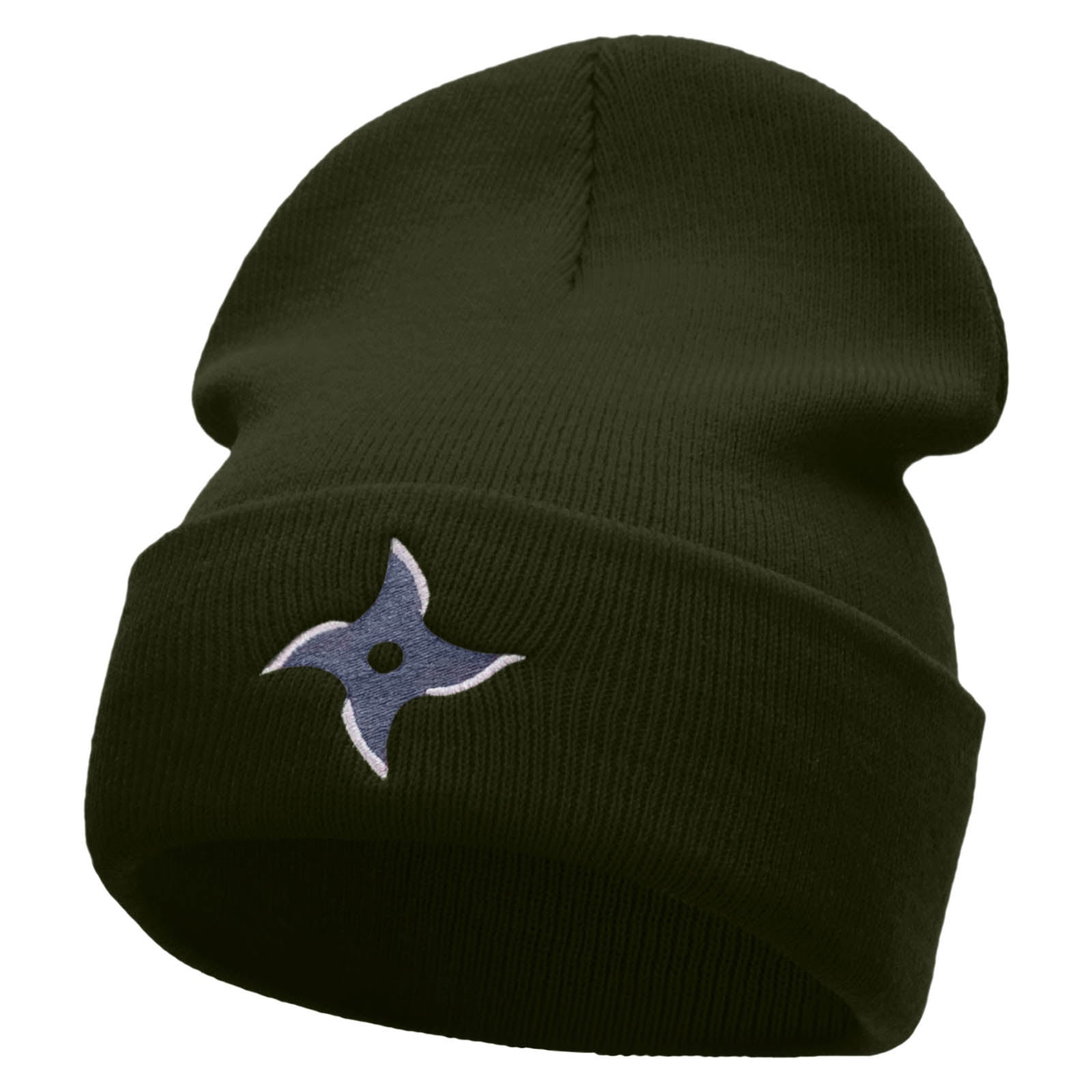 Ninja Star Embroidered 12 Inch Long Knitted Beanie - Olive OSFM