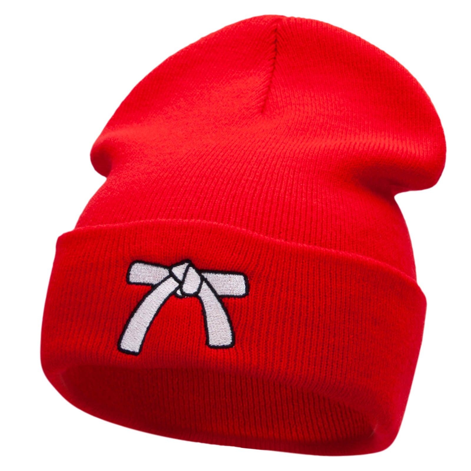 White Belt Embroidered 12 Inch Long Knitted Beanie - Red OSFM