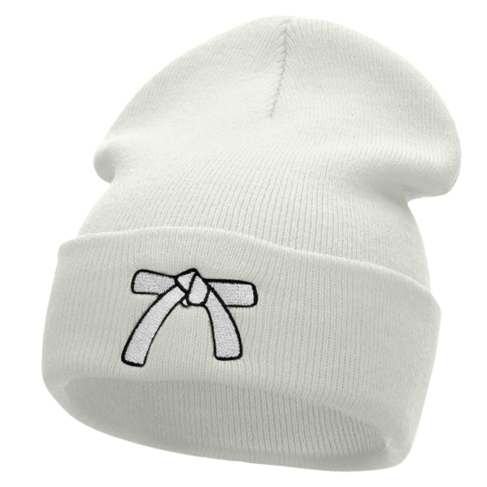 White Belt Embroidered 12 Inch Long Knitted Beanie - White OSFM