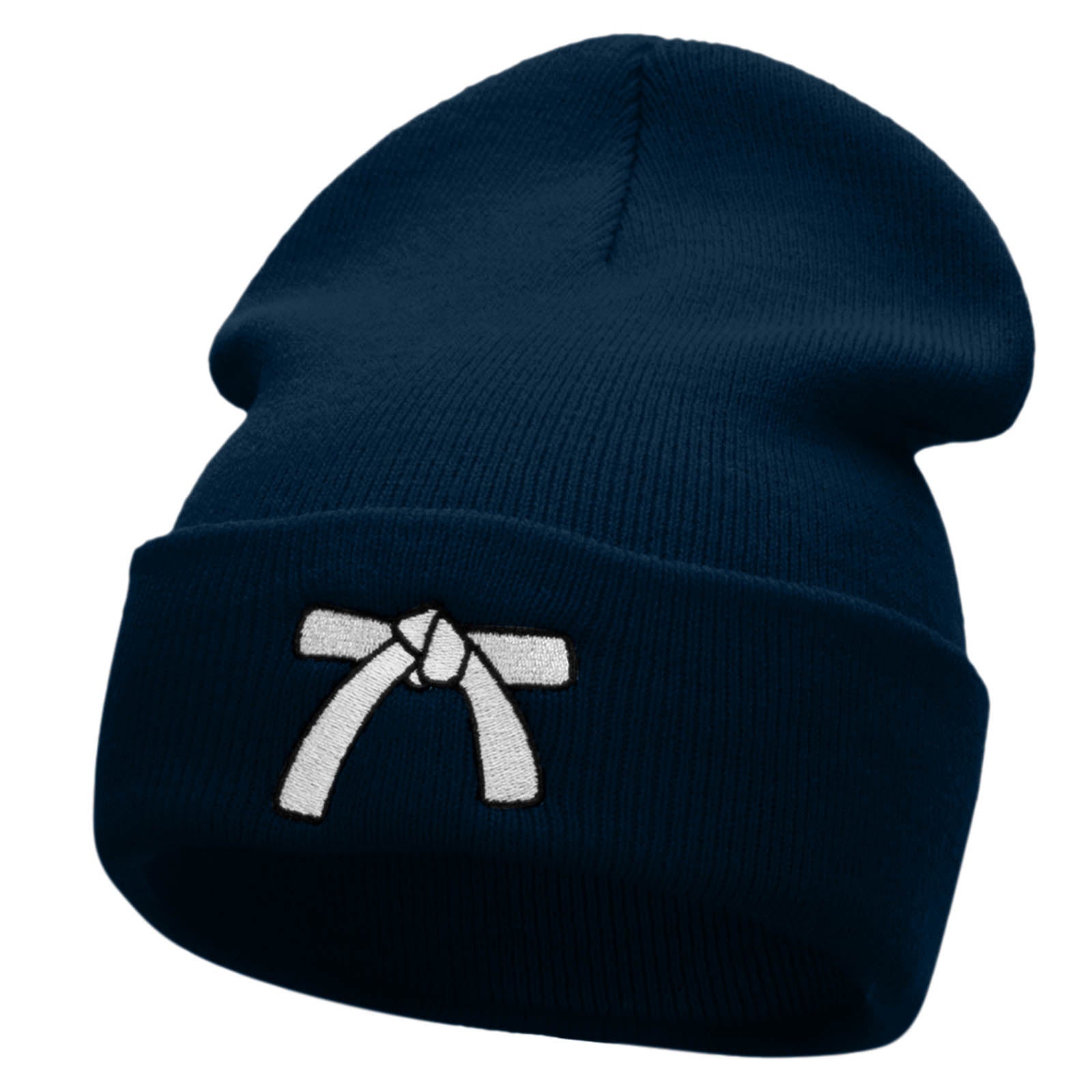 White Belt Embroidered 12 Inch Long Knitted Beanie - Navy OSFM