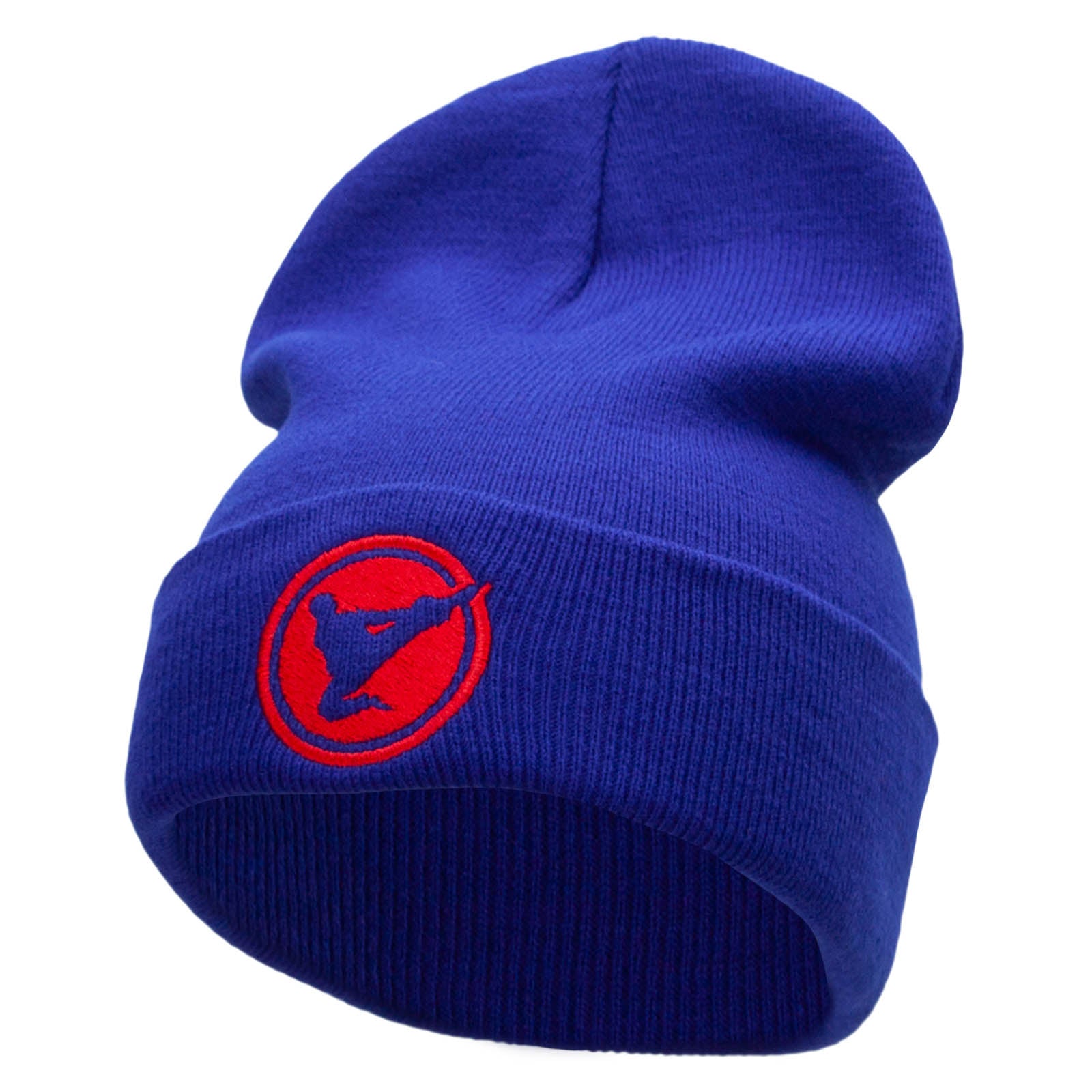 Karate High Kick Embroidered 12 Inch Long Knitted Beanie - Royal OSFM