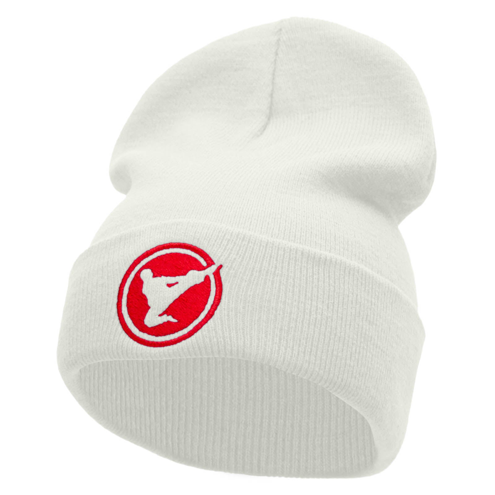 Karate High Kick Embroidered 12 Inch Long Knitted Beanie - White OSFM