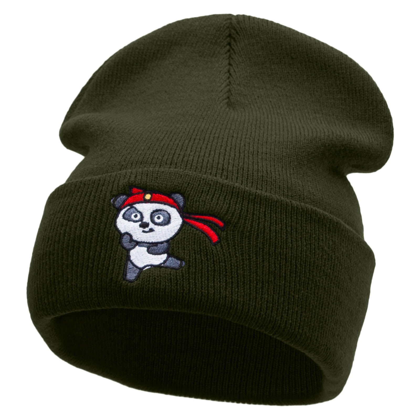 Karate Panda Embroidered 12 Inch Long Knitted Beanie - Olive OSFM