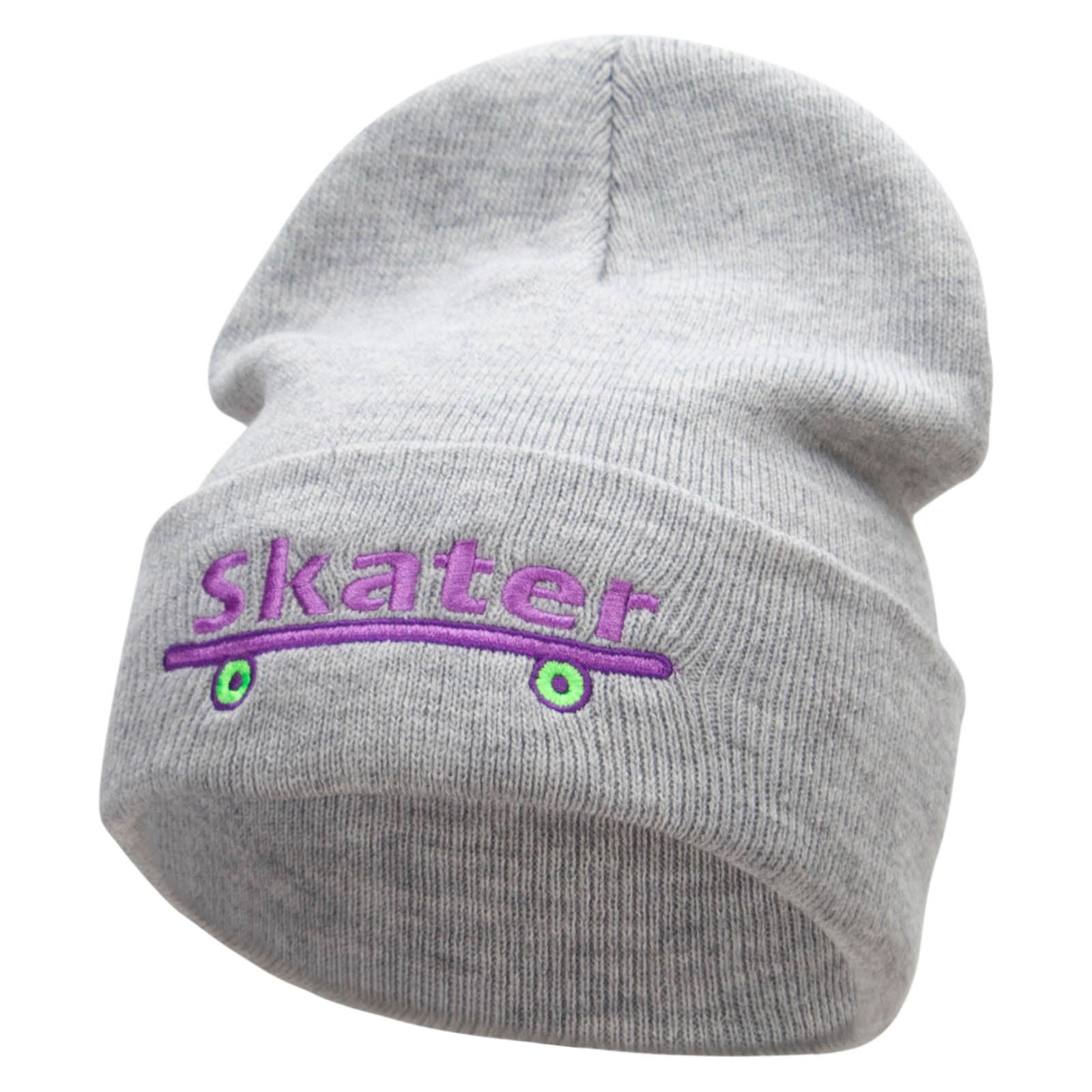 Skater Embroidered 12 Inch Long Knitted Beanie - Heather Grey OSFM