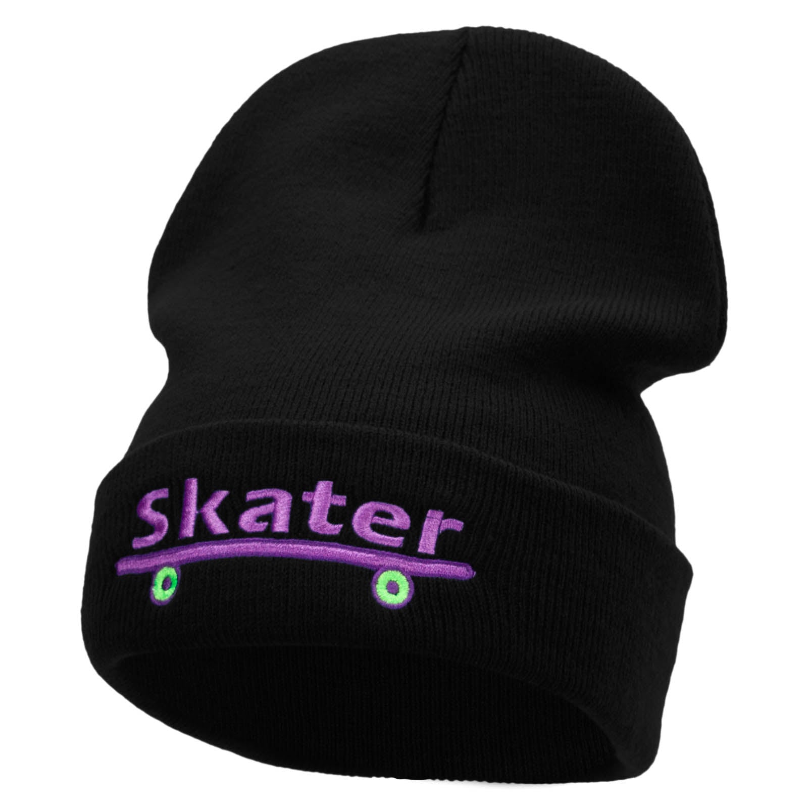 Skater Embroidered 12 Inch Long Knitted Beanie - Black OSFM