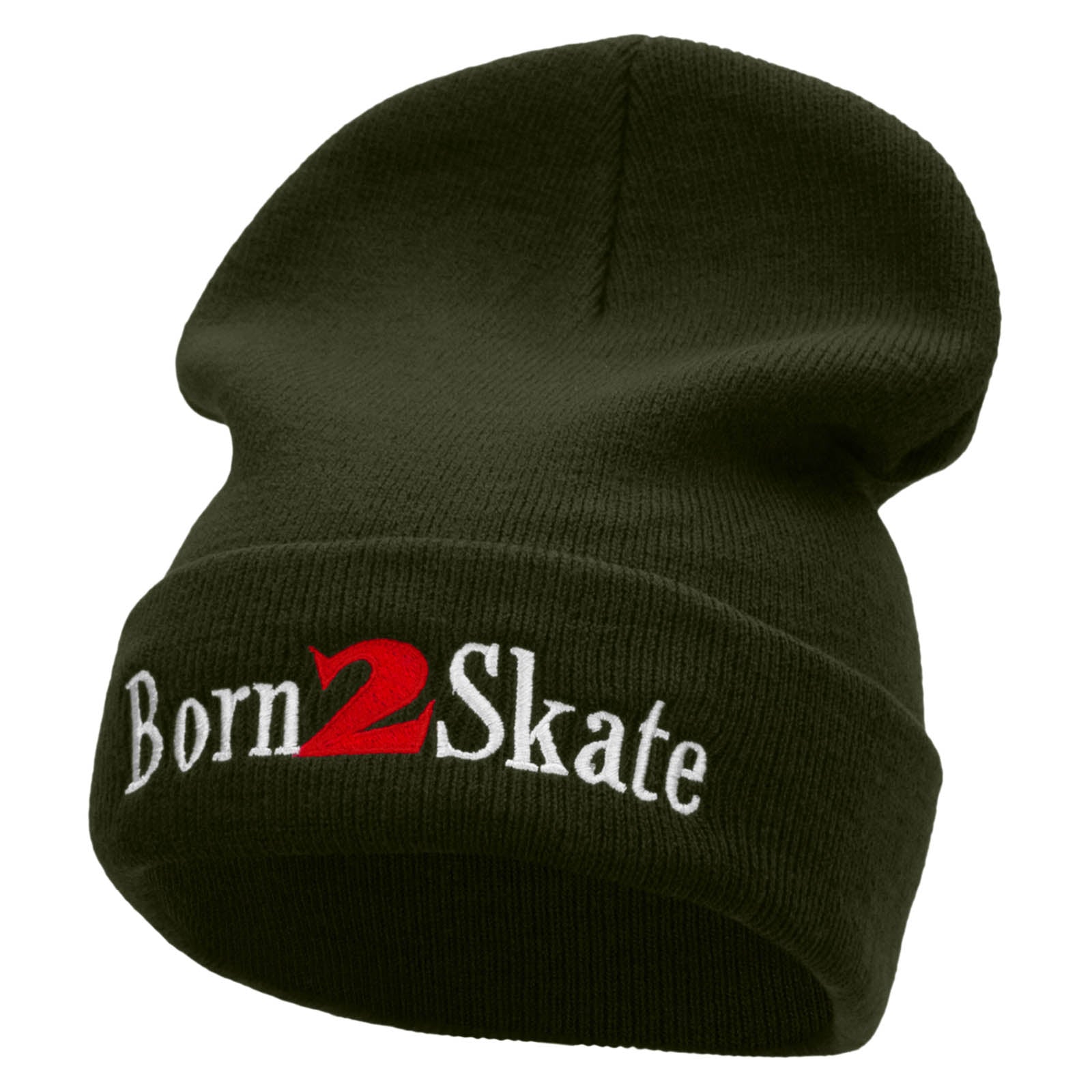 Born 2 Skate Embroidered 12 Inch Long Knitted Beanie - Olive OSFM