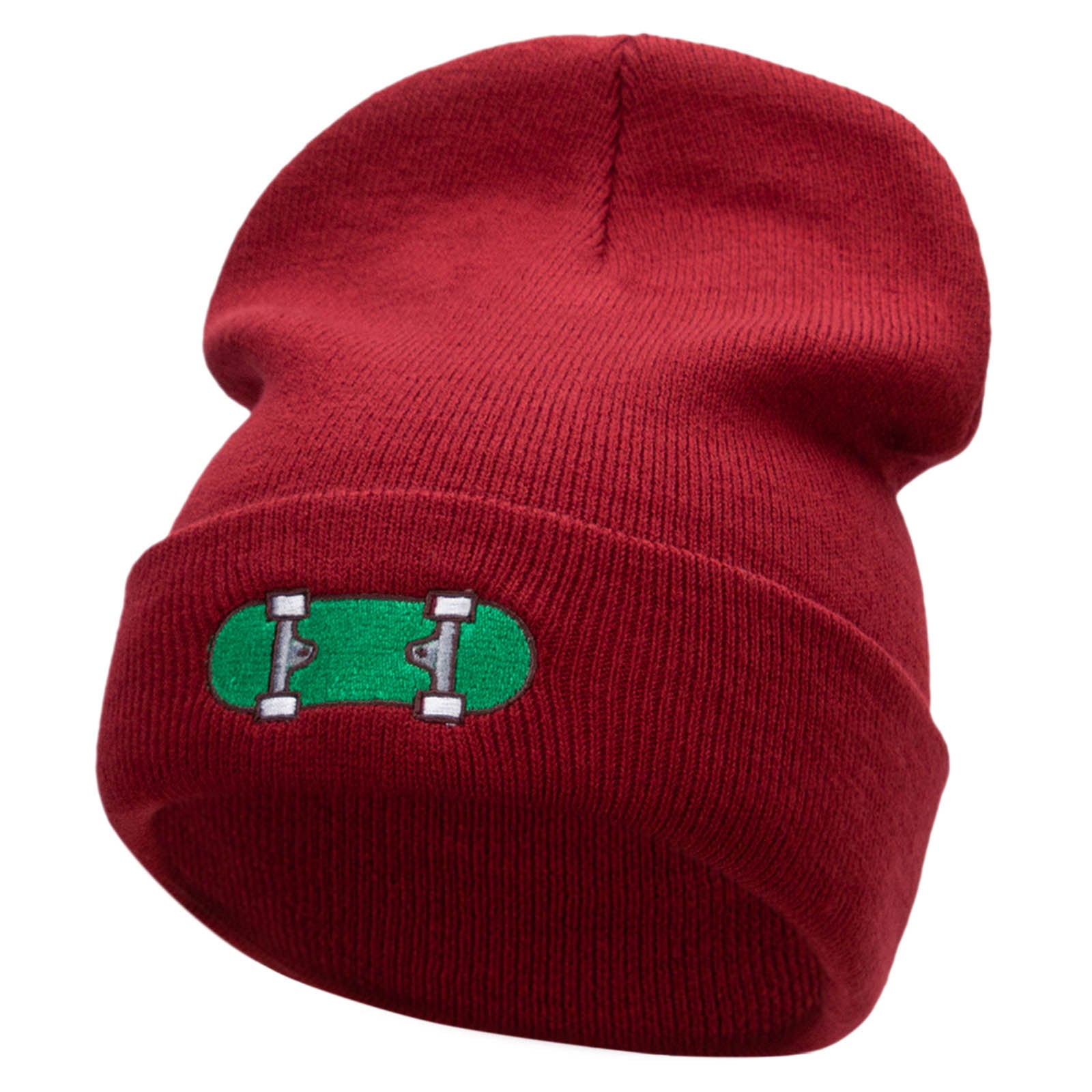 Green Skateboard Embroidered 12 Inch Long Knitted Beanie - Maroon OSFM