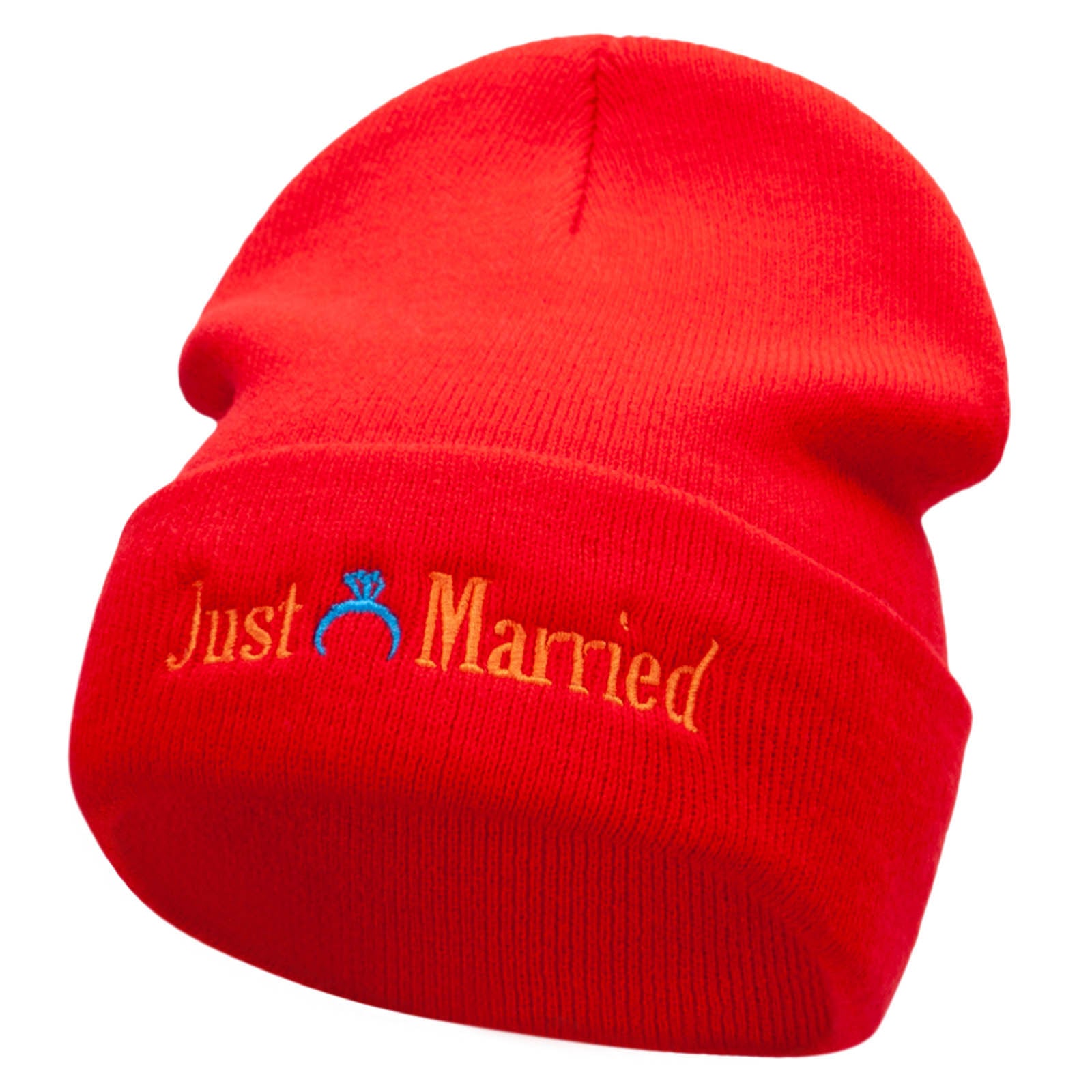 Just Married Ring Embroidered 12 Inch Long Knitted Beanie - Red OSFM