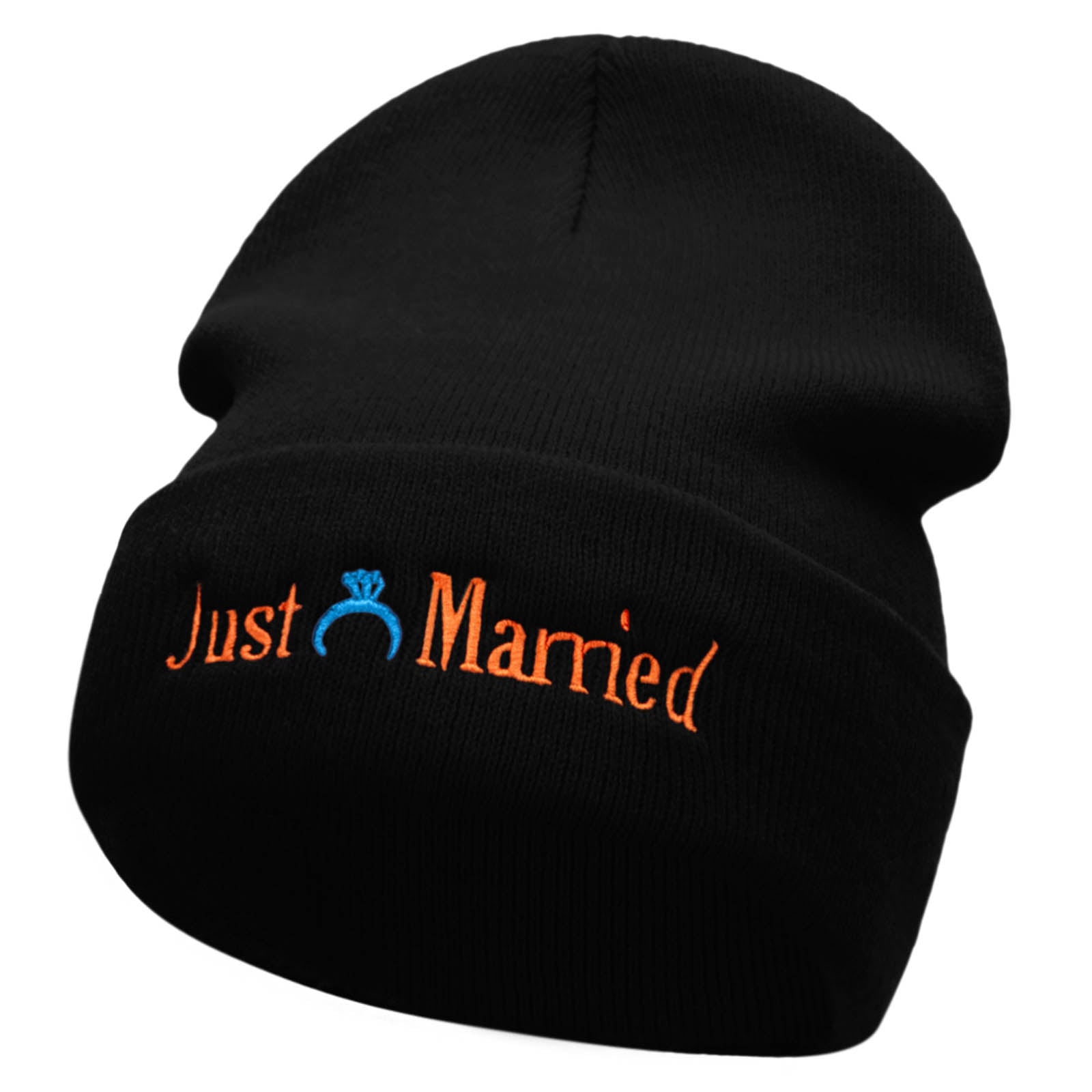 Just Married Ring Embroidered 12 Inch Long Knitted Beanie - Black OSFM