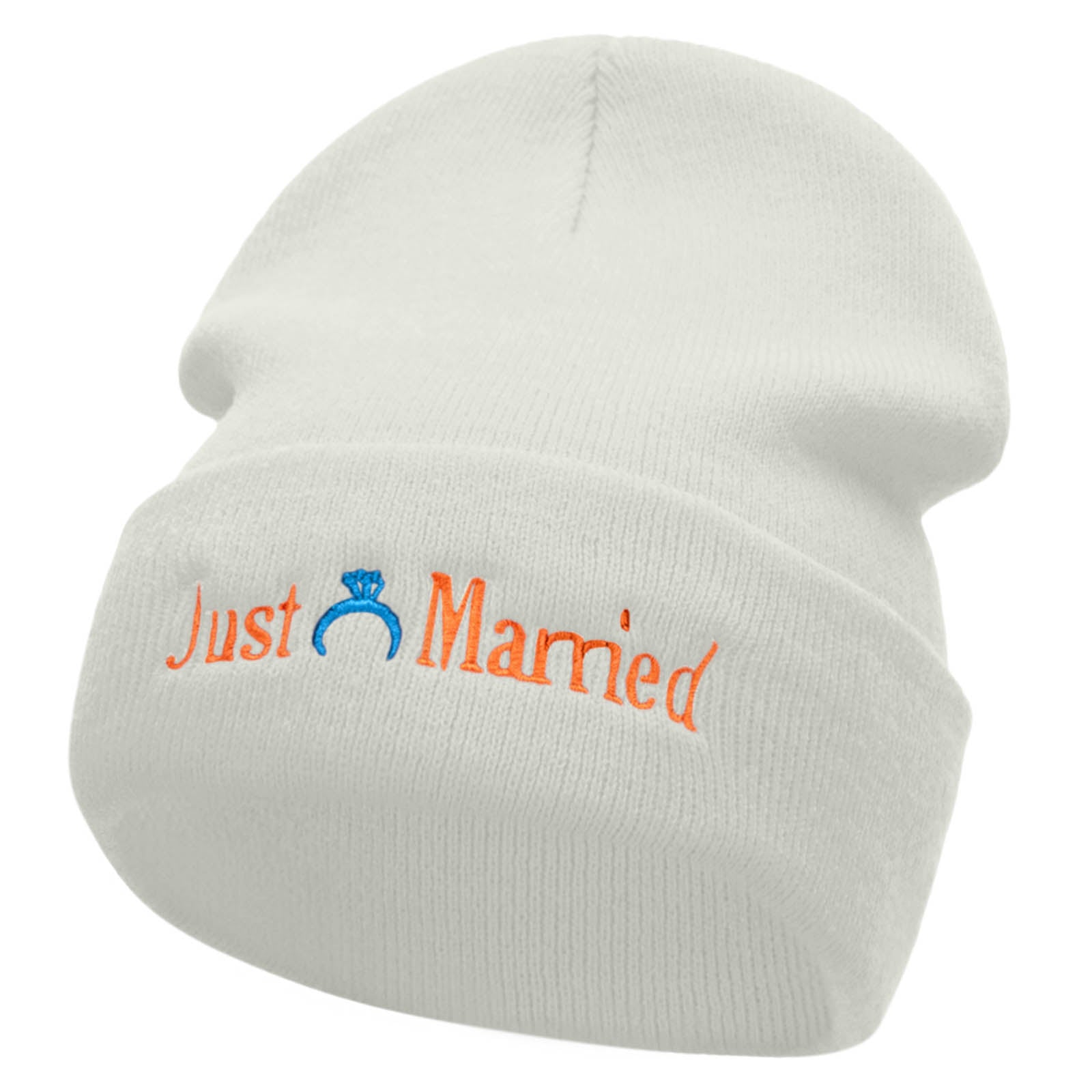 Just Married Ring Embroidered 12 Inch Long Knitted Beanie - White OSFM
