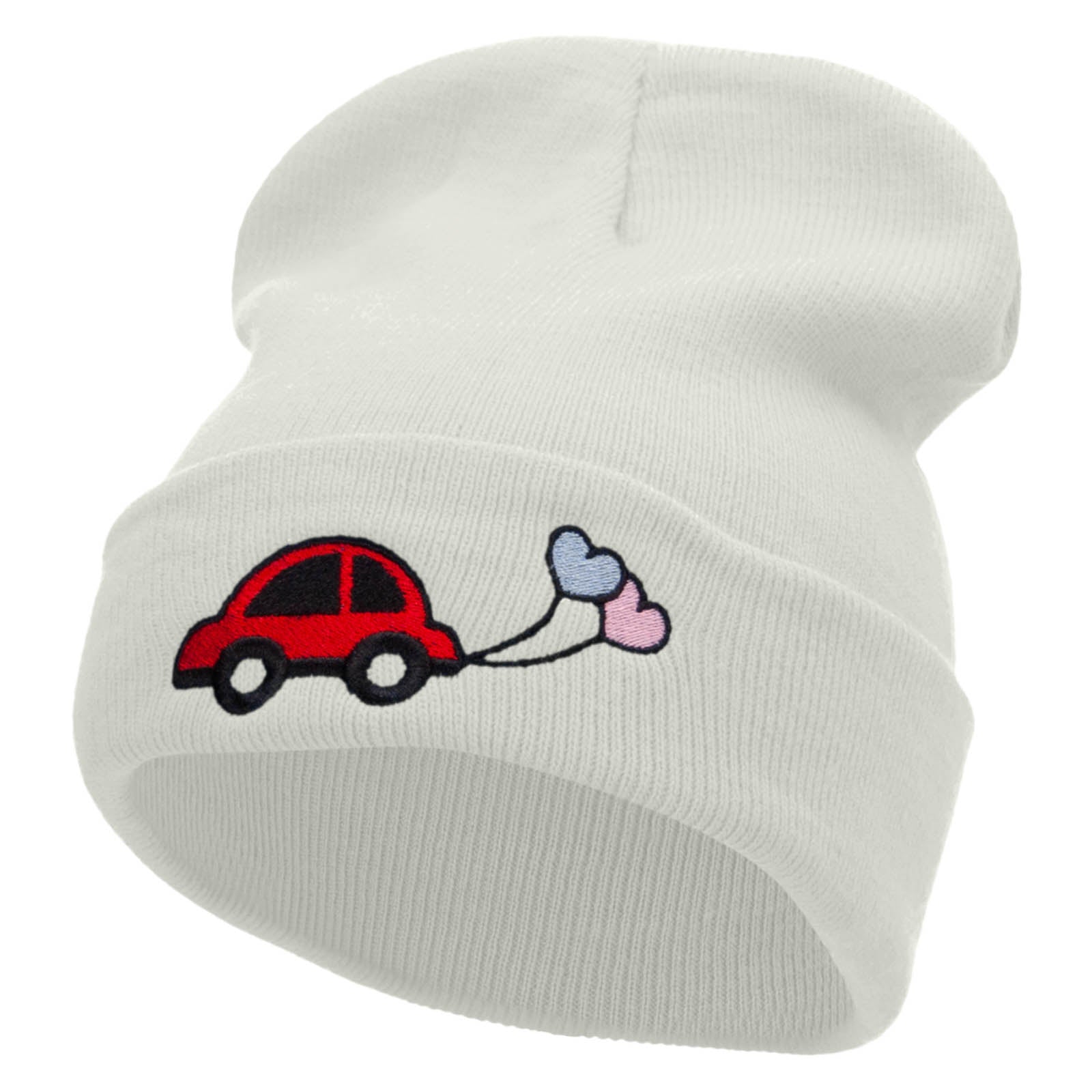 Car Wedding Balloons Embroidered 12 Inch Long Knitted Beanie - White OSFM