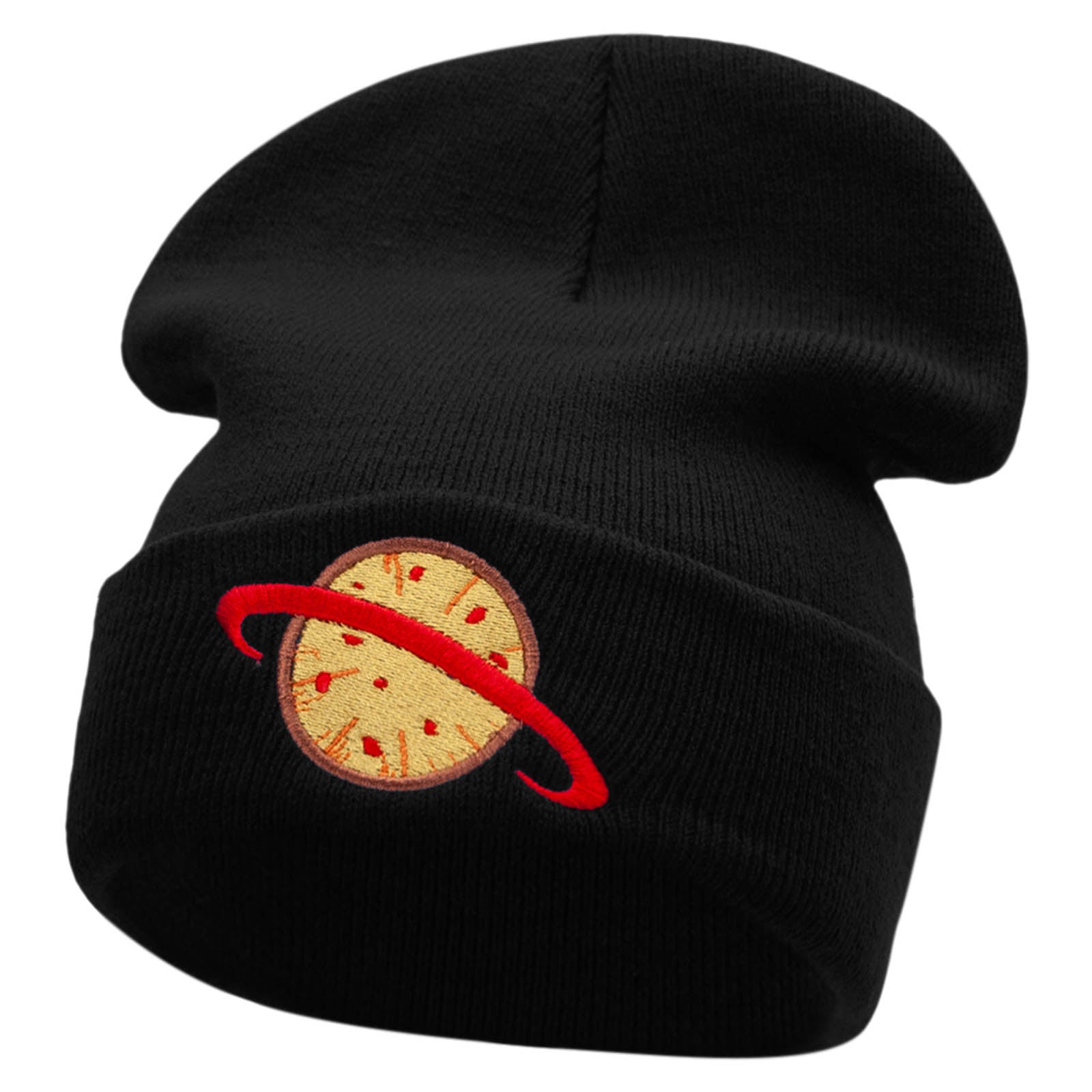 Planet Pizza Embroidered 12 Inch Long Knitted Beanie - Black OSFM