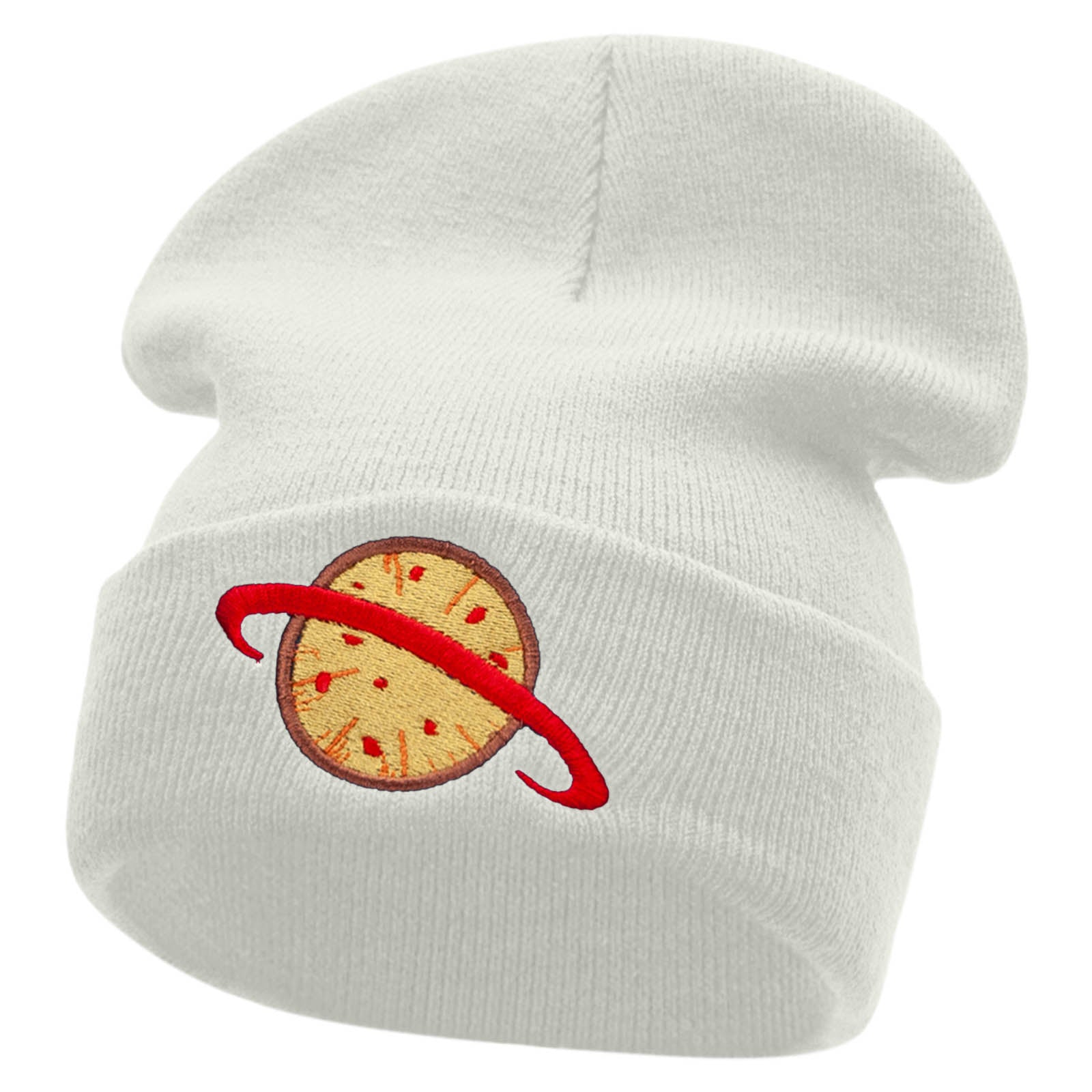 Planet Pizza Embroidered 12 Inch Long Knitted Beanie - White OSFM
