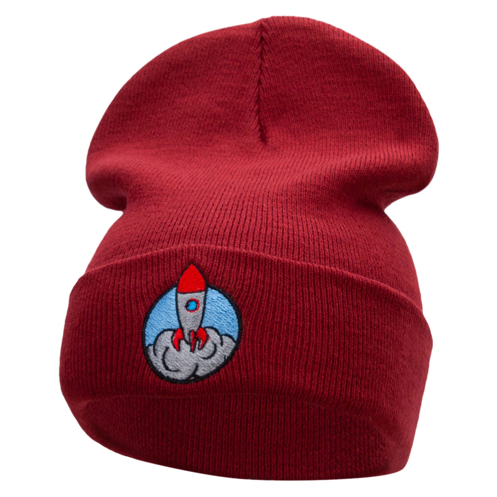 Rocket Takeoff Embroidered 12 Inch Long Knitted Beanie - Maroon OSFM