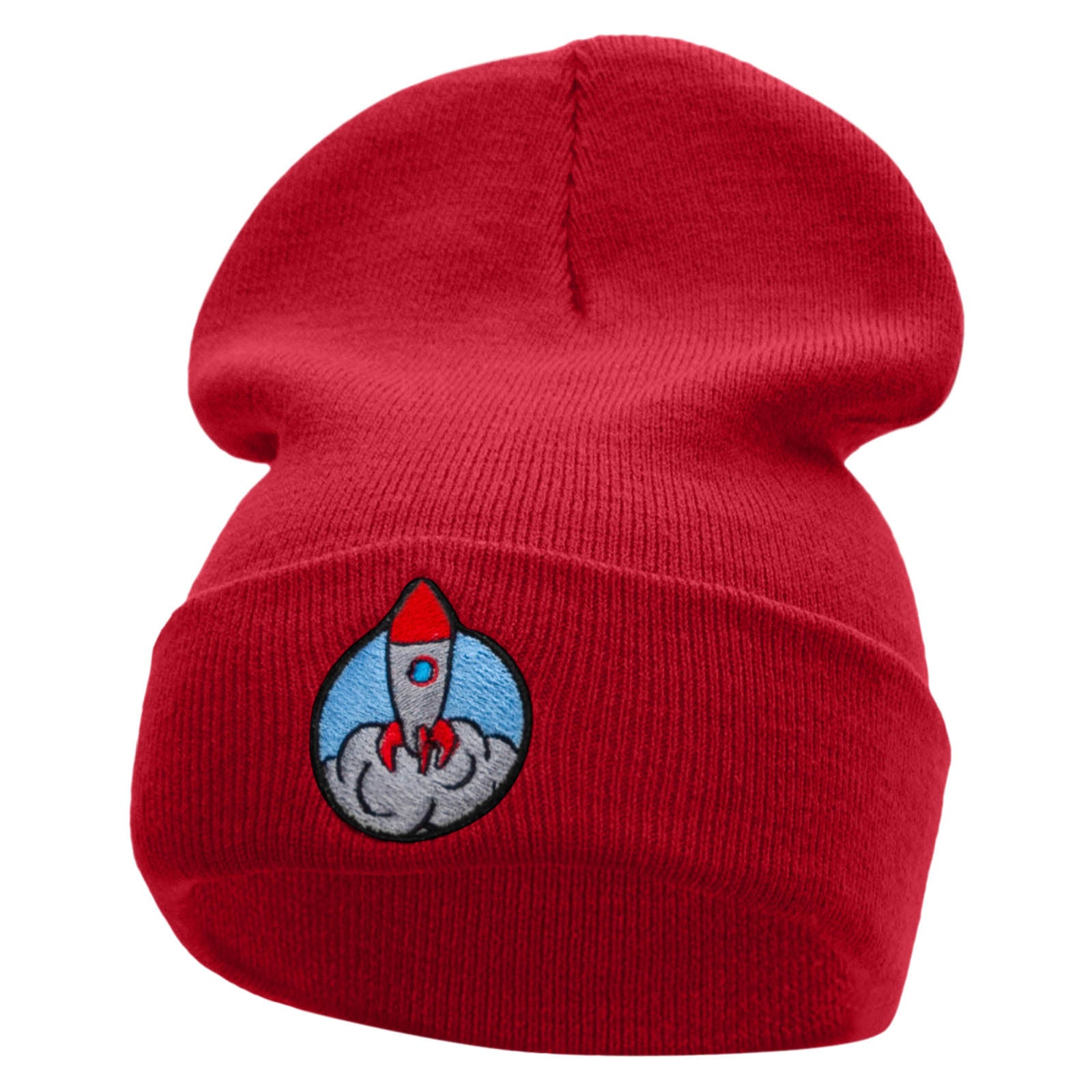 Rocket Takeoff Embroidered 12 Inch Long Knitted Beanie - Red OSFM