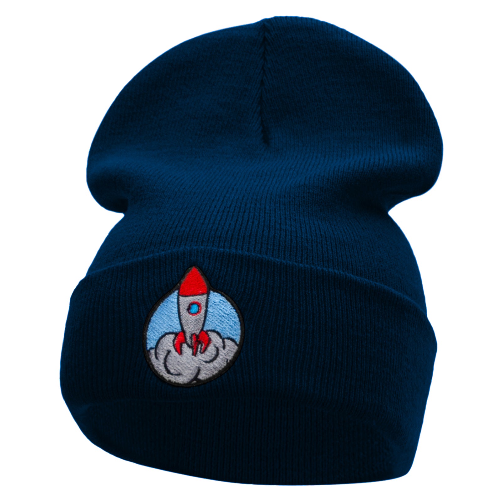 Rocket Takeoff Embroidered 12 Inch Long Knitted Beanie - Navy OSFM