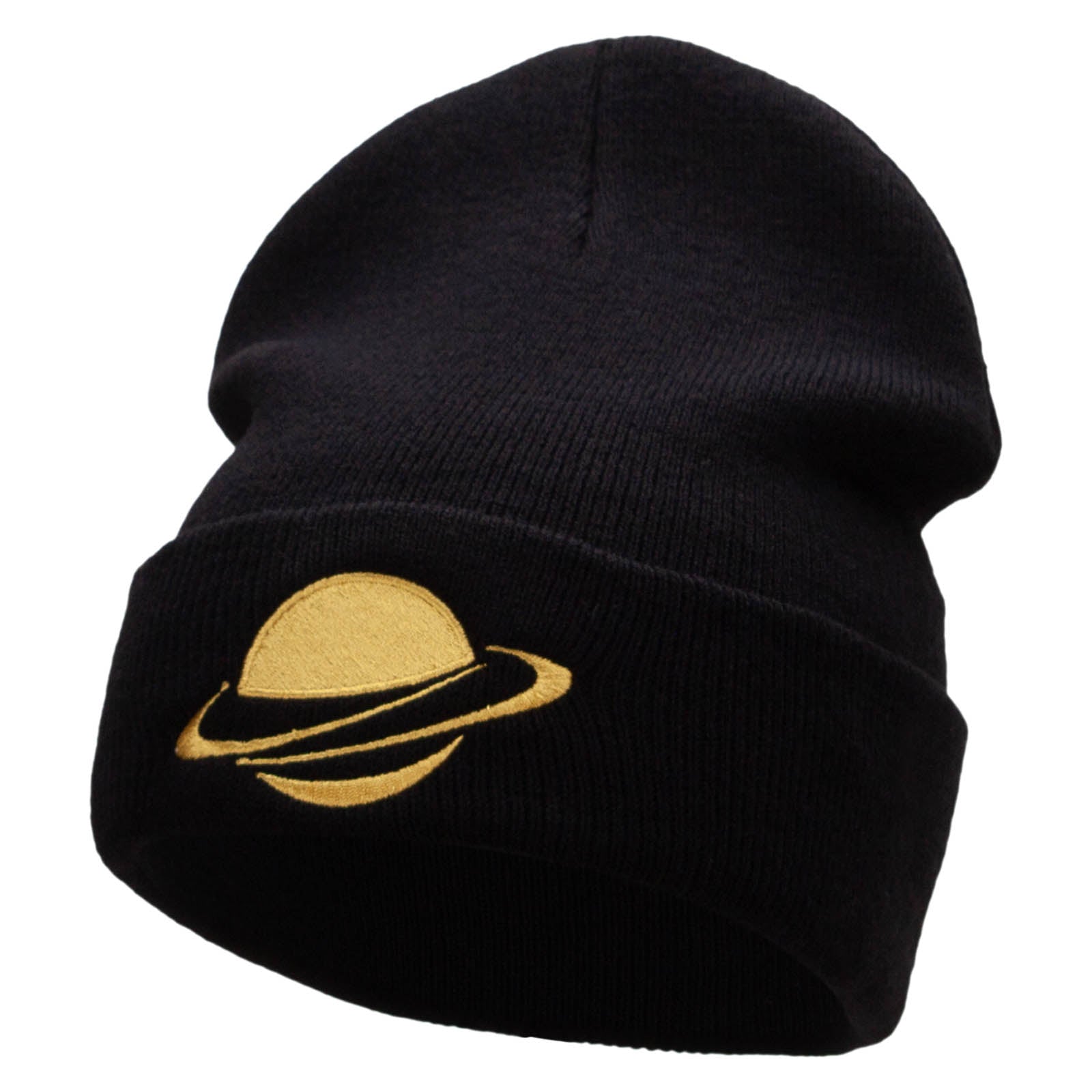 Planet Saturn Embroidered 12 Inch Long Knitted Beanie - Black OSFM
