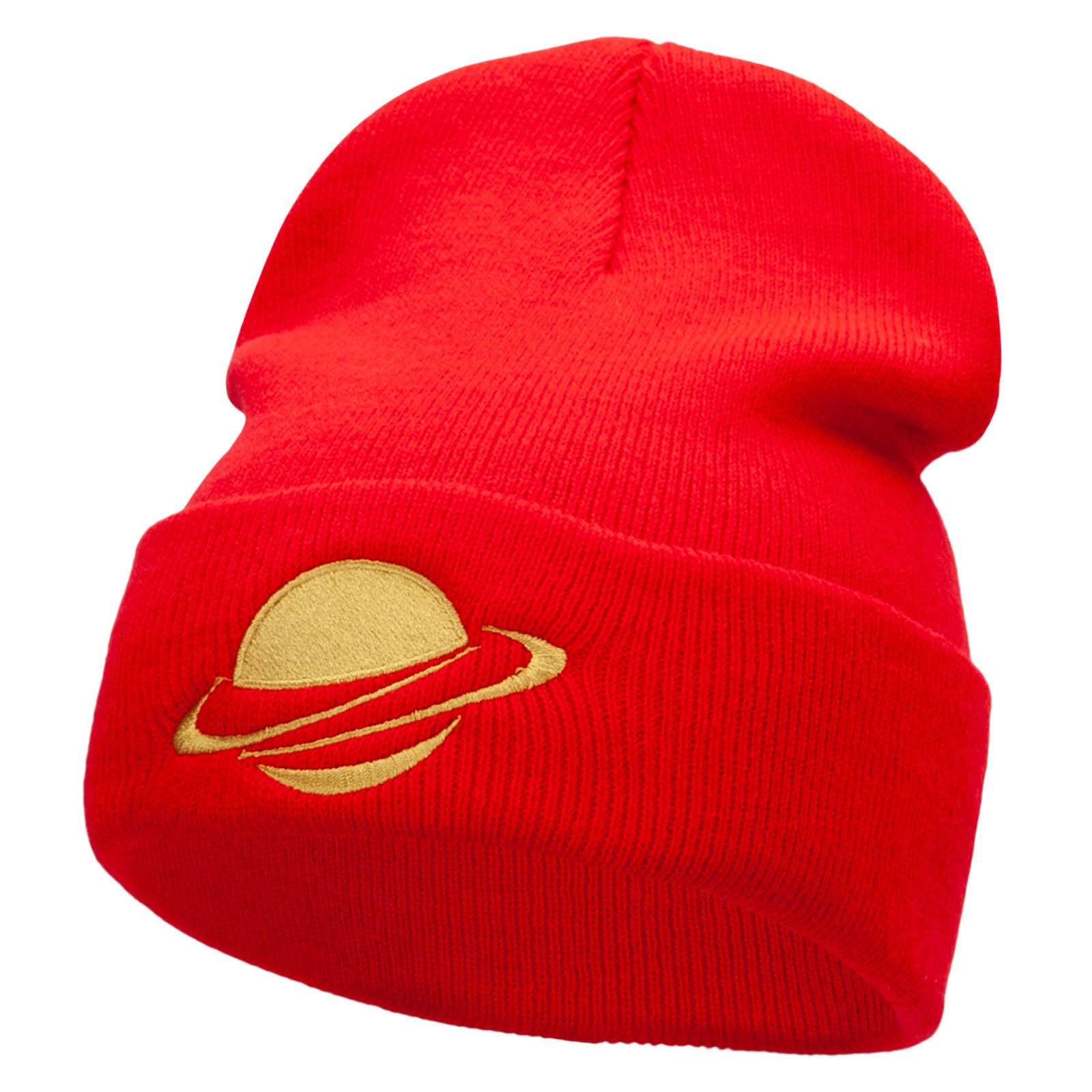 Planet Saturn Embroidered 12 Inch Long Knitted Beanie - Red OSFM