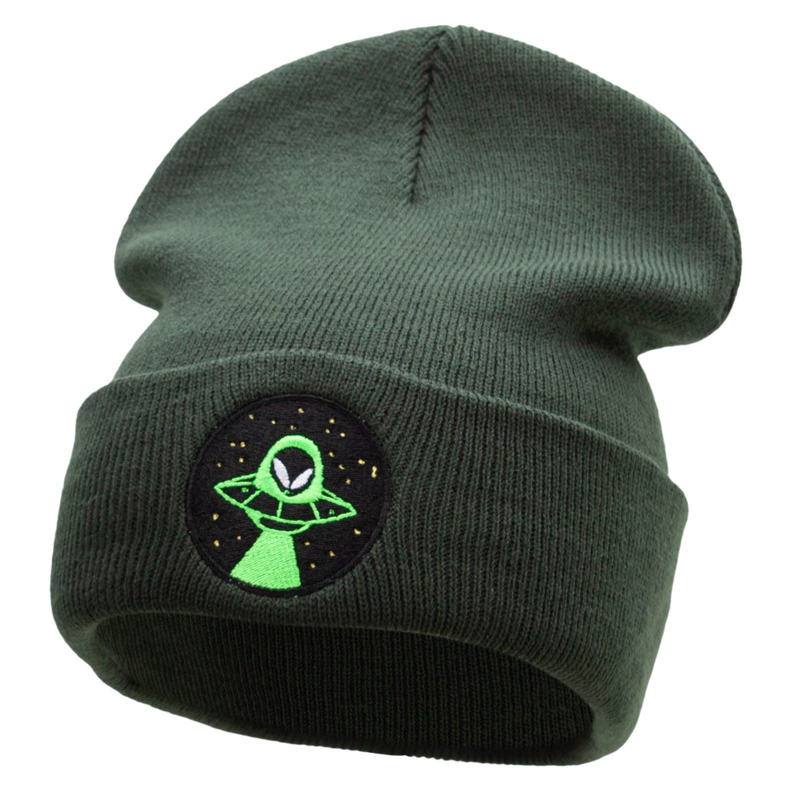 Alien Night Life Embroidered 12 Inch Long Knitted Beanie - Olive OSFM