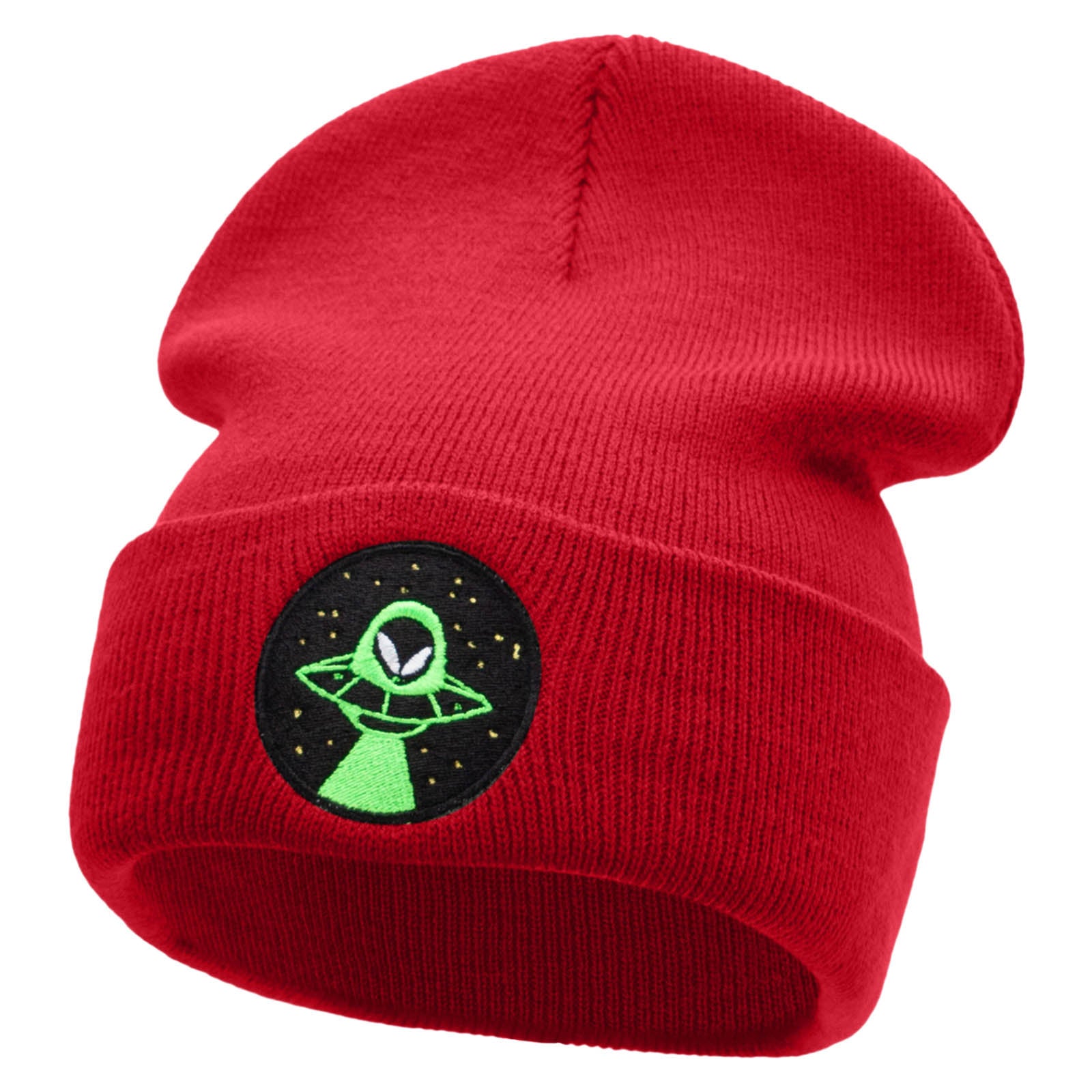 Alien Night Life Embroidered 12 Inch Long Knitted Beanie - Red OSFM