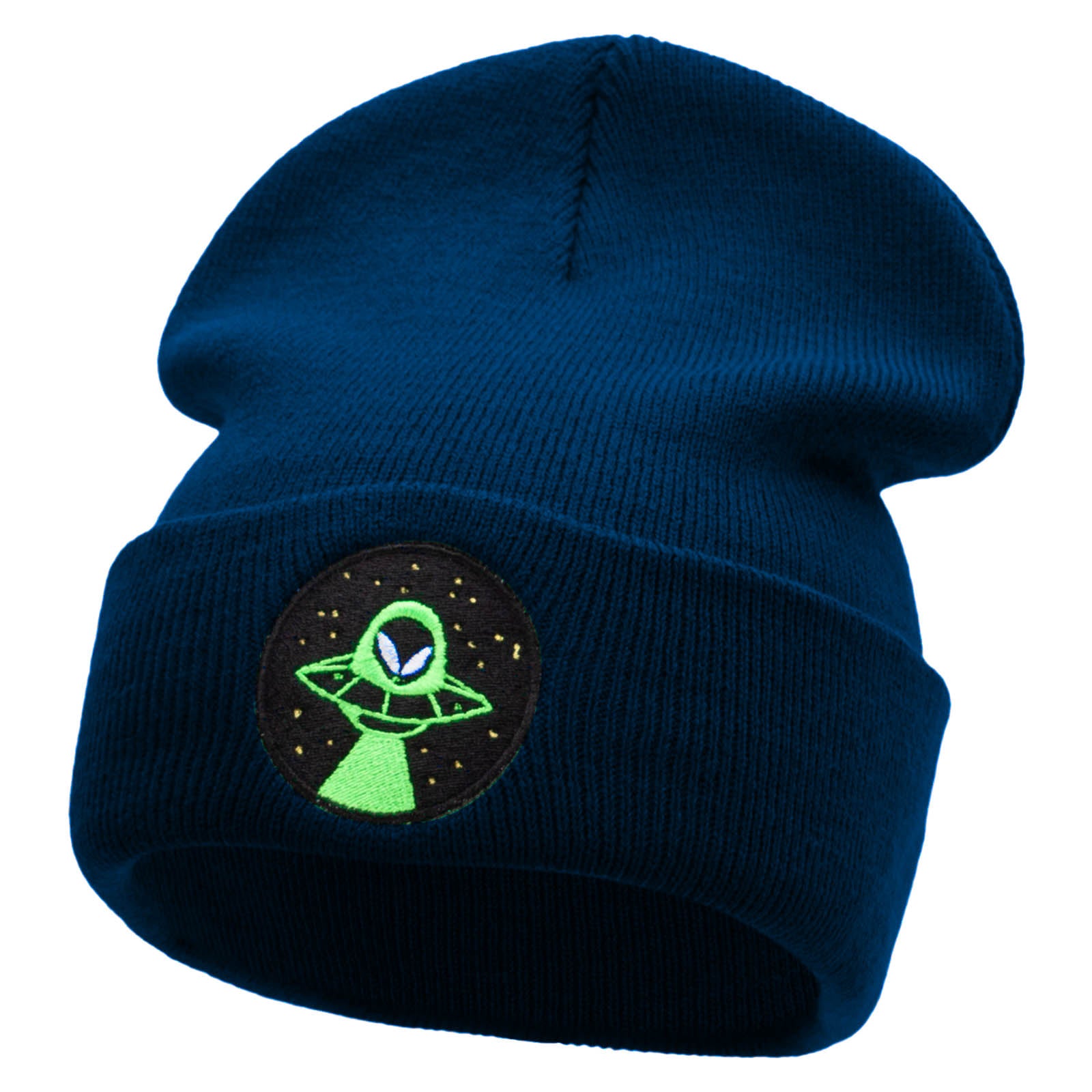 Alien Night Life Embroidered 12 Inch Long Knitted Beanie - Navy OSFM