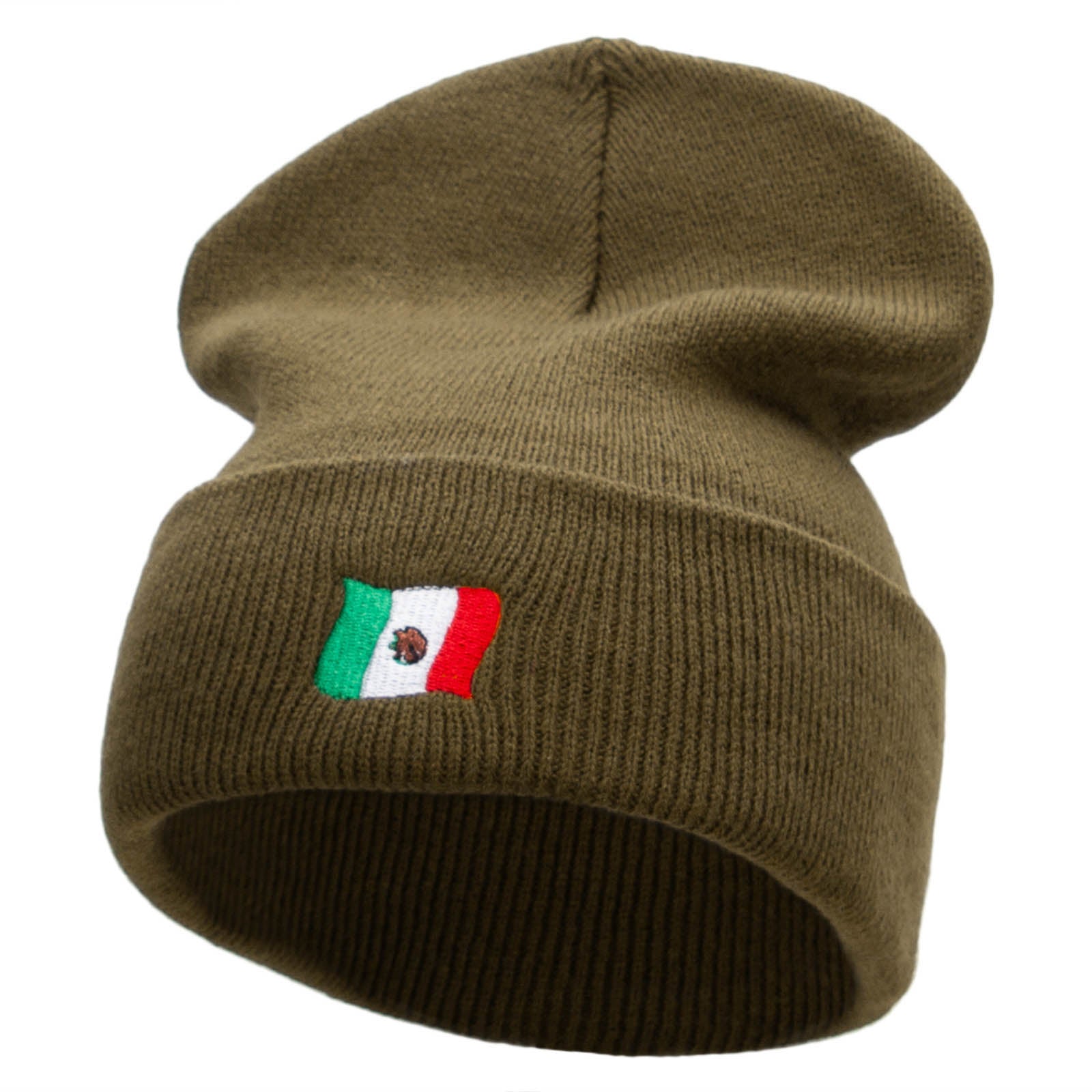 Tiny Mexican Flag Embroidered 12 Inch Long Knitted Beanie - Olive OSFM