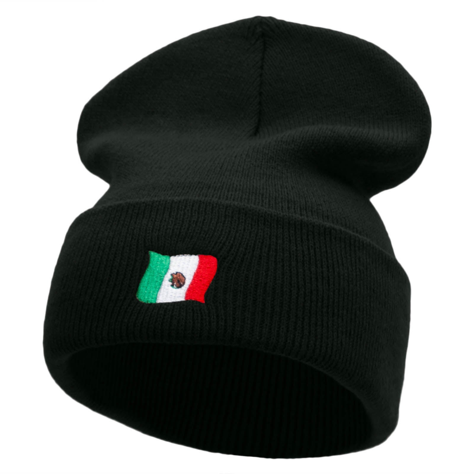 Tiny Mexican Flag Embroidered 12 Inch Long Knitted Beanie - Black OSFM