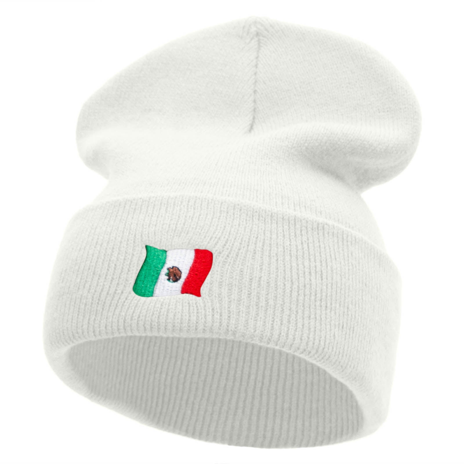 Tiny Mexican Flag Embroidered 12 Inch Long Knitted Beanie - White OSFM