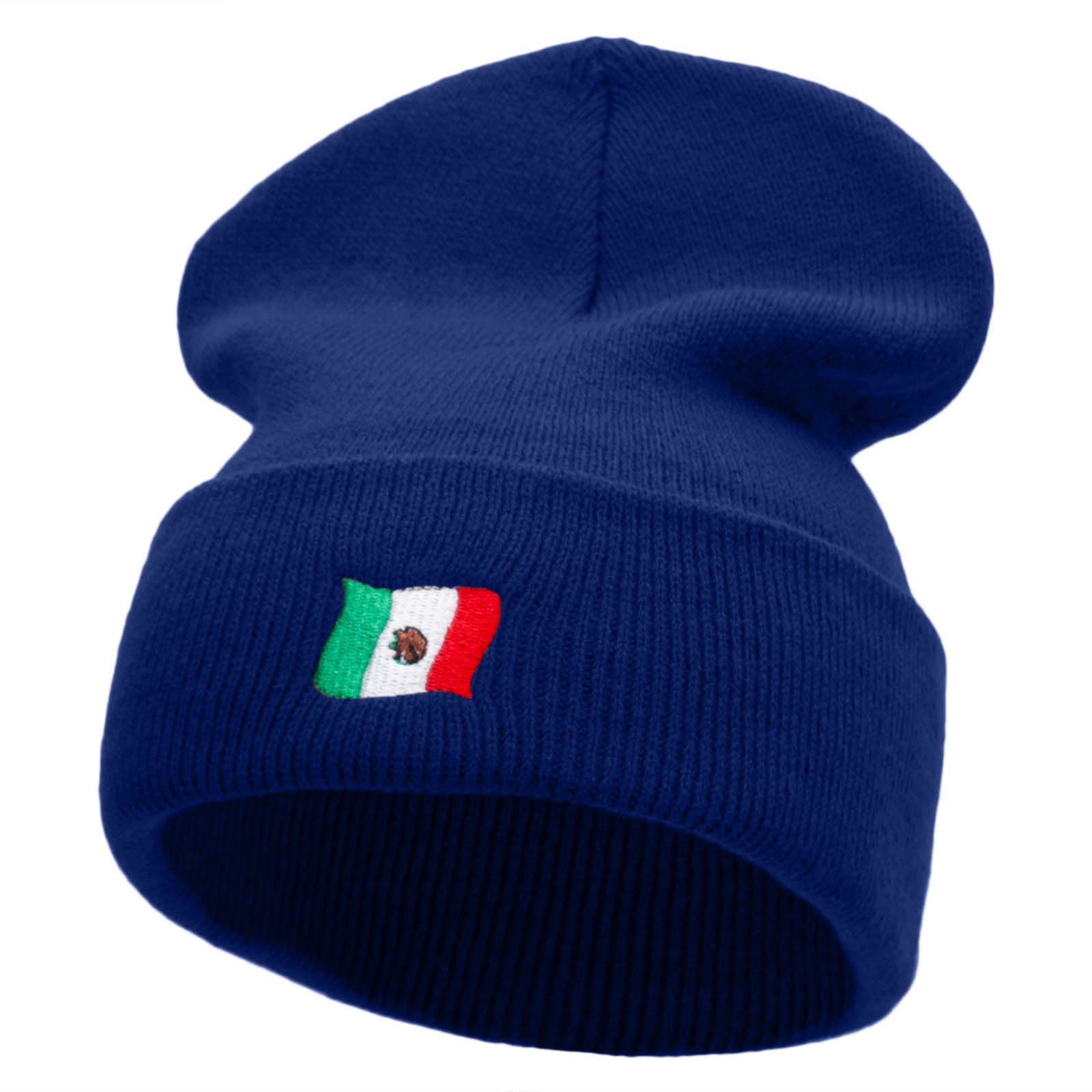 Tiny Mexican Flag Embroidered 12 Inch Long Knitted Beanie - Royal OSFM