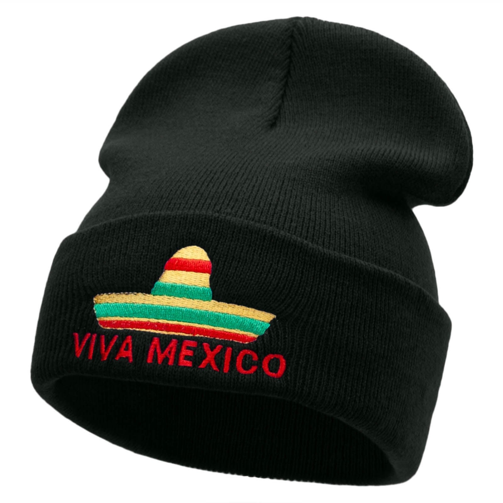 Viva Mexico Independence Embroidered 12 Inch Long Knitted Beanie - Black OSFM