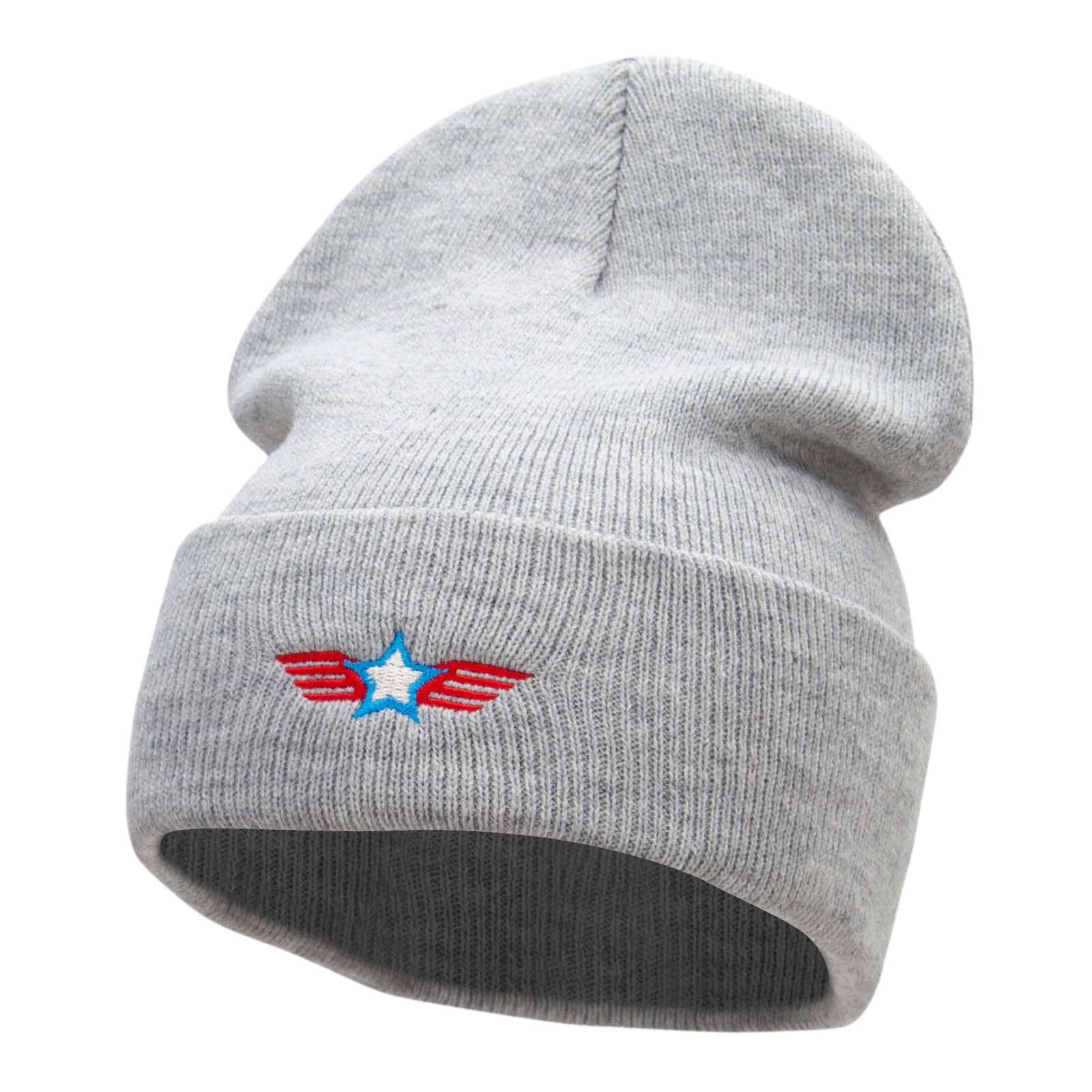 Winged Star Embroidered 12 Inch Long Knitted Beanie - Heather Grey OSFM